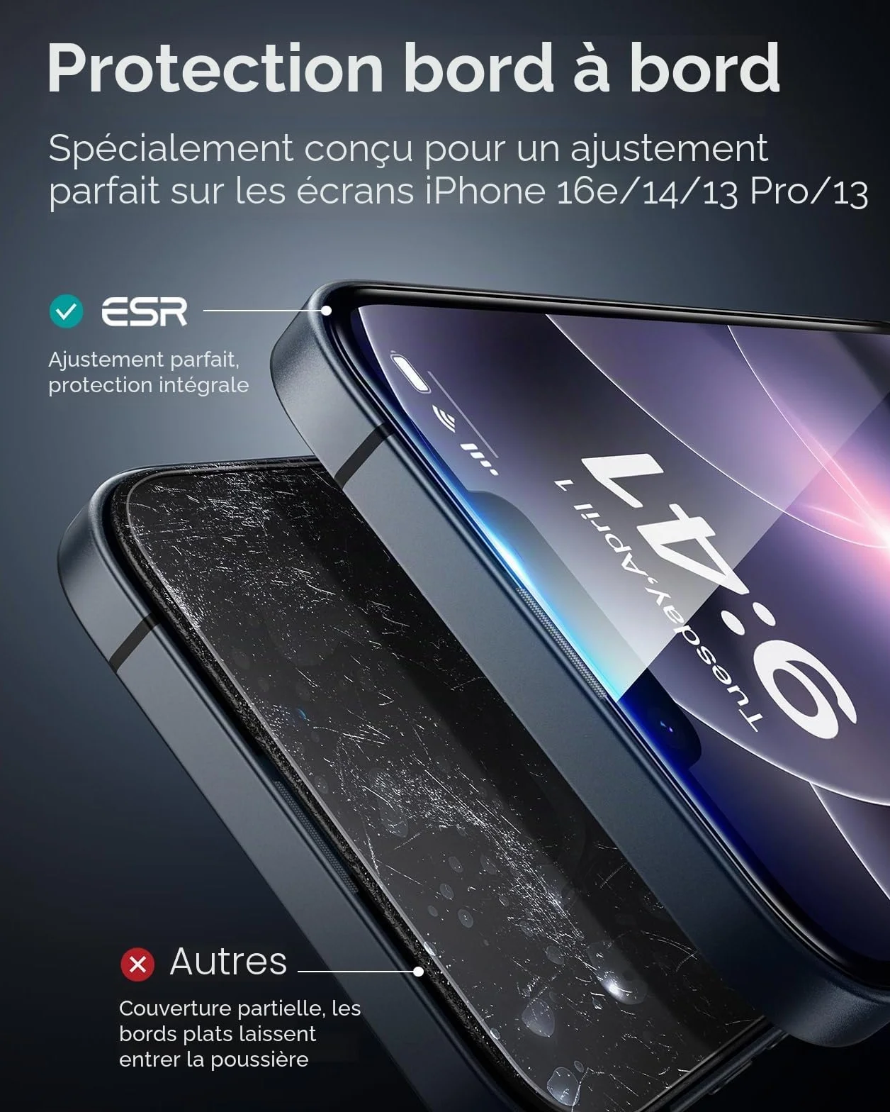 ESR 3 Pièces Verre Trempé pour iPhone 17e/iPhone 16e/iPhone 14/iPhone 13/iPhone 13 Pro, Cadre D'installation Facile, Ultra Résistant, Film Protection écran, Anti-rayures, Protection Militaire