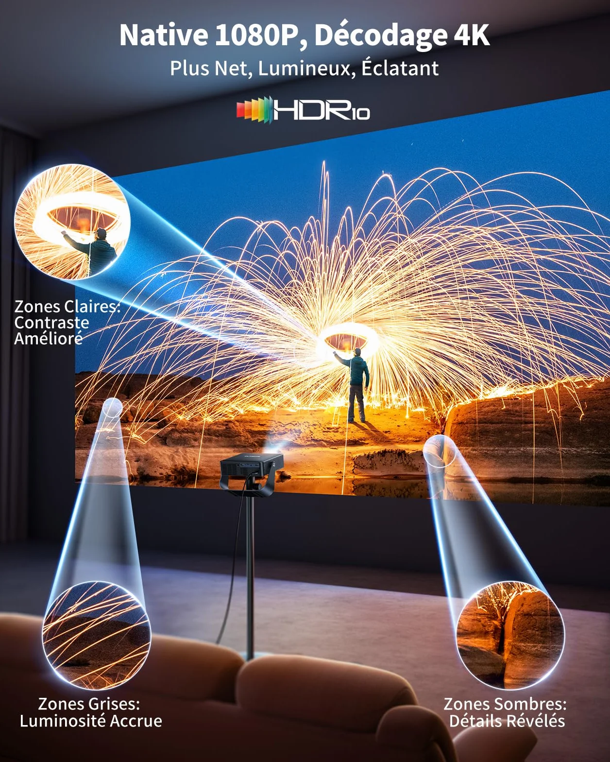 Mini Vidéoprojecteur 4K Portable Auto Focus Keystone HDR10 WiFi6 Bluetooth 1080P