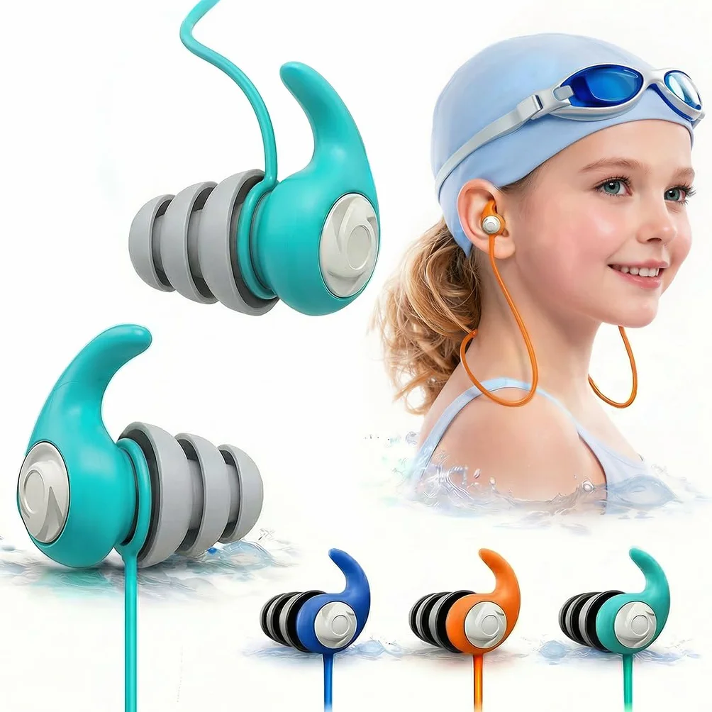 Bouchons d’Oreille Natation Enfant 4-12 Ans 3 Paires Silicone Étanche Cordon Amovible Réutilisables