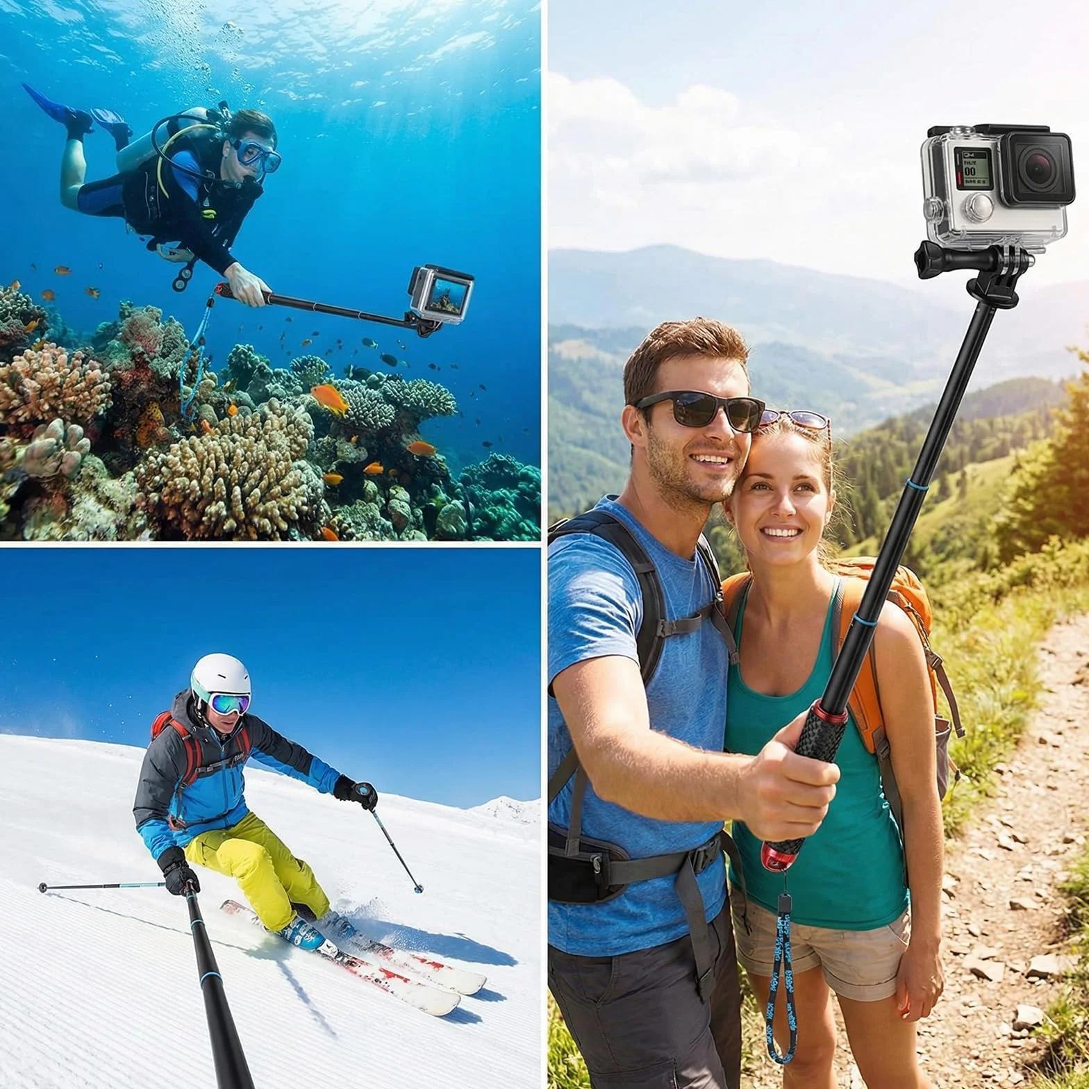 Perche Etanche pour GoPro et Action Cam, télescopique 49 cm, Format Compact 18 cm, Perche à Selfie Etanche sous Marine, Compatible DJI Osmo Action, Insta360 Ace Pro