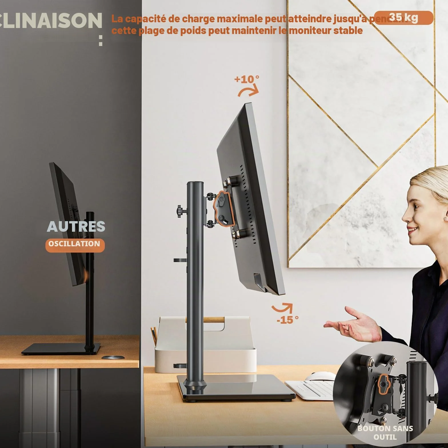 Hemudu Support de Bureau Simple pour écran LCD 13"-32" avec Pivot, Hauteur réglable, Rotation, 35 kg