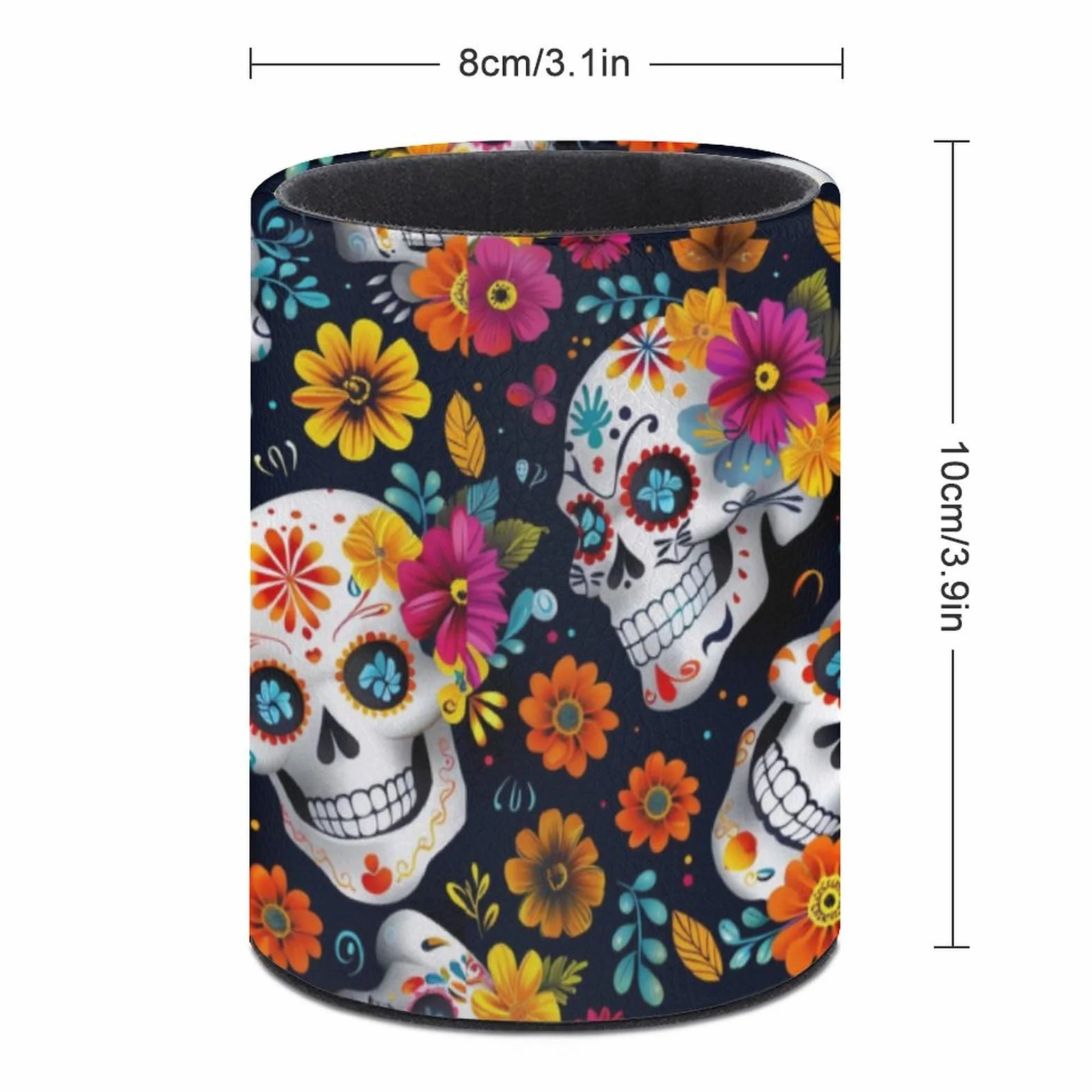 Pot à crayons rond en cuir tête de mort mexicaine - Organiseur maquillage bureau multifonctions
