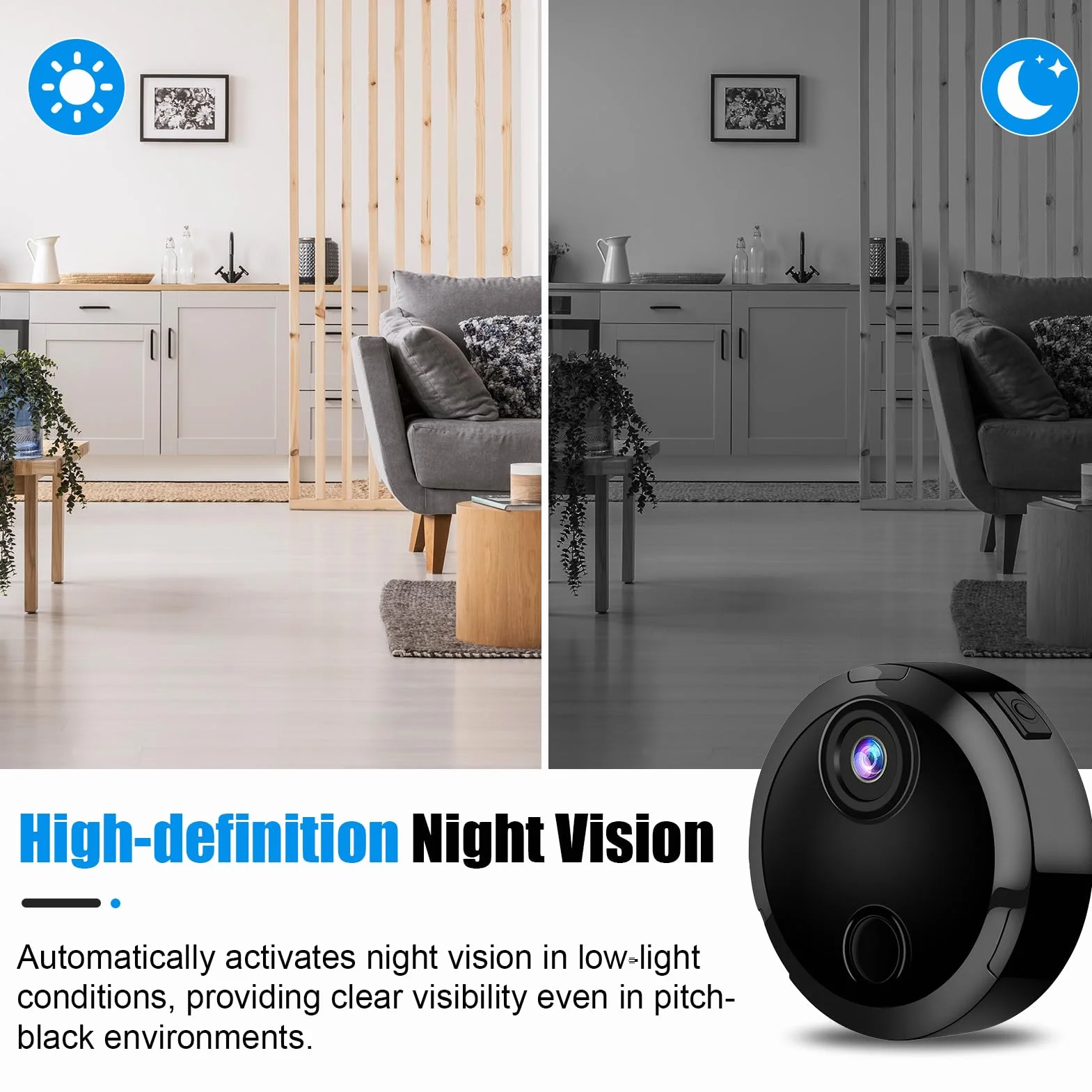Mini Caméra de Surveillance WiFi 1080P Intérieur, Camera Intérieur et Extérieur sans Fil avec 2.4GHz WiFi, Vision Nocturne et Détection de Mouvement, pour Maison et Voiture