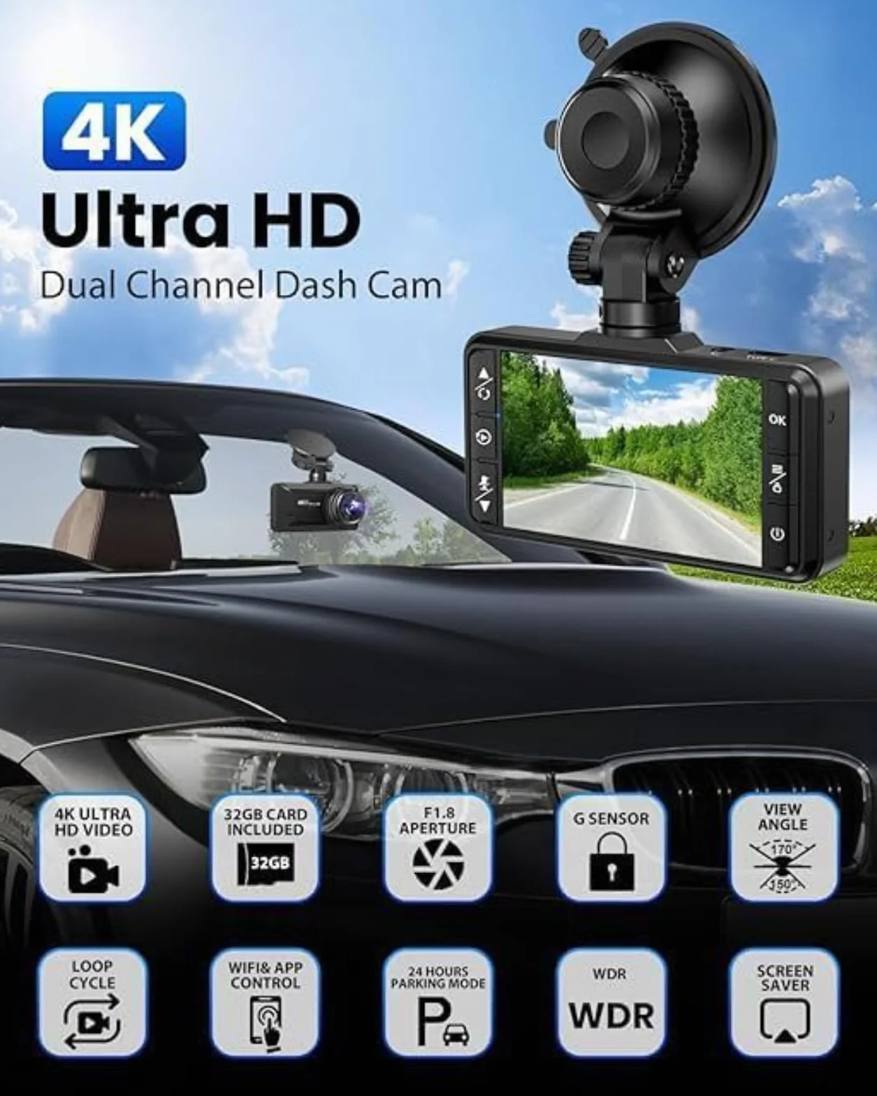 Oryzom Dashcam 4K Pro Enregistrement Ultra HD caméras Avant/arrière Capteur G WDR Vision Nocturne Surveillance 24h/24 1080P 32Go