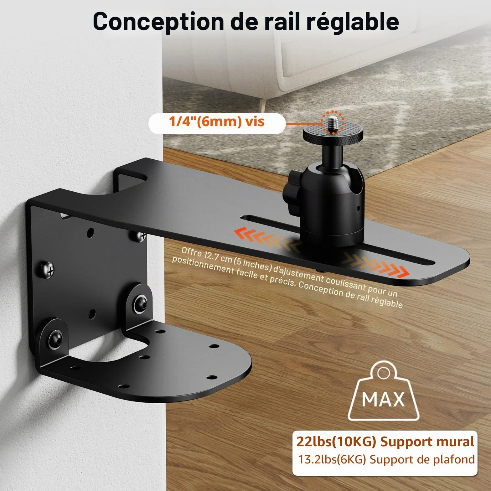 Support Universel Projecteur Plafond Mural Fixation 1/4", Capacité 10 kg, Rotation 360°, Ajustement 12 cm