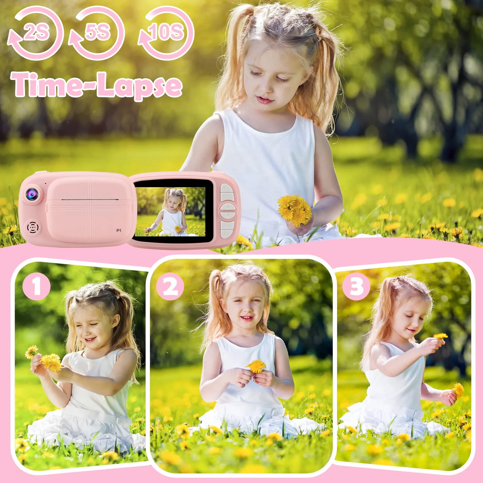Appareil Photo Instantané Enfant, 3,5" Appareil Photo Enfants Cadeaux pour 3 à 14 Ans, Papier d'impression sans Encre et 32GB Carte, 12MP 1080P Enregistreur Photos Vidéo 3 en 1 Jouet (Rose)