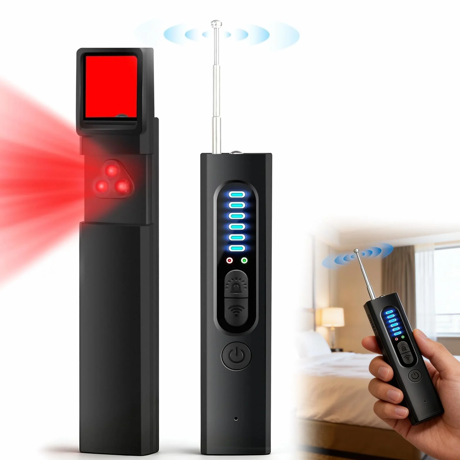 Détecteur de Caméra Cachée 4-en-1 avec Détection de Micro Espion & Traceur GPS Balayage Optique LED IR 5 Niveaux de Sensibilité Alarme Sécurité Anti-Espionnage pour Maison Bureau Hôtel Voyage