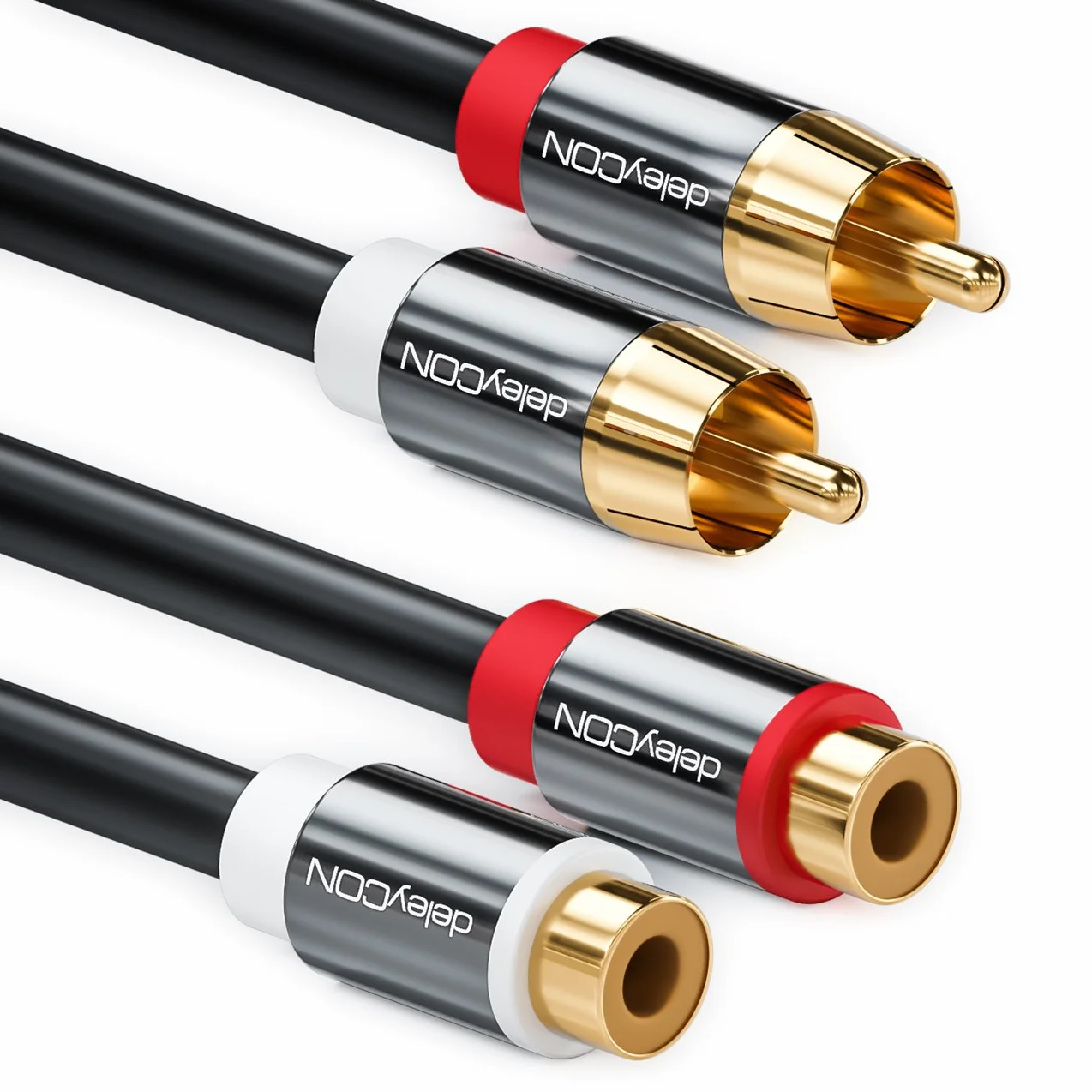 deleyCON 7,5m Câble Rallonge Cinch RCA Stéréo Audio - 2x Fiche vers 2x Prise - Connecteurs Métalliques Dorés Noir
