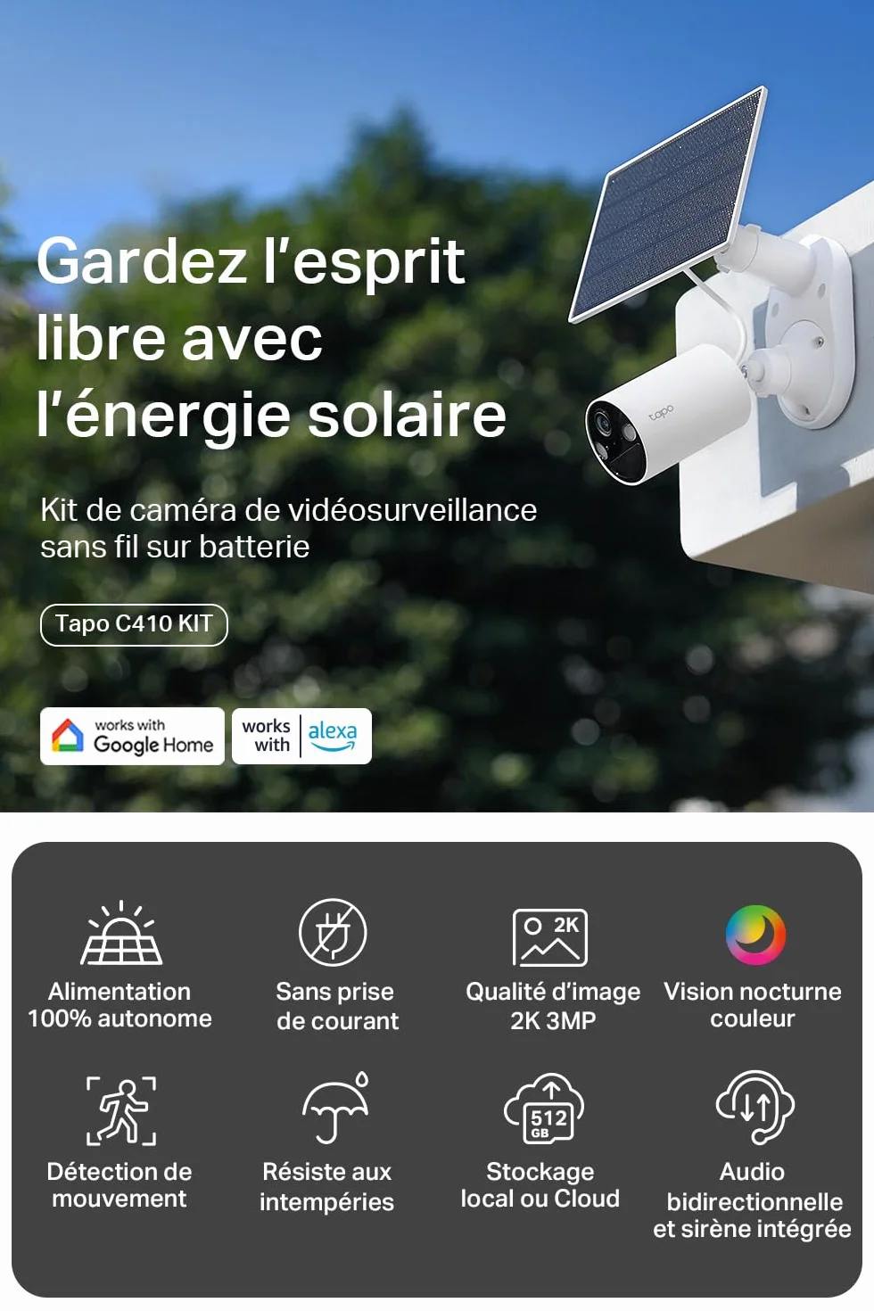 Tapo C410 KIT 2K(3MP) Caméra de Surveillance WiFi Extérieure sans Fil Solaire, IP65 Etanche