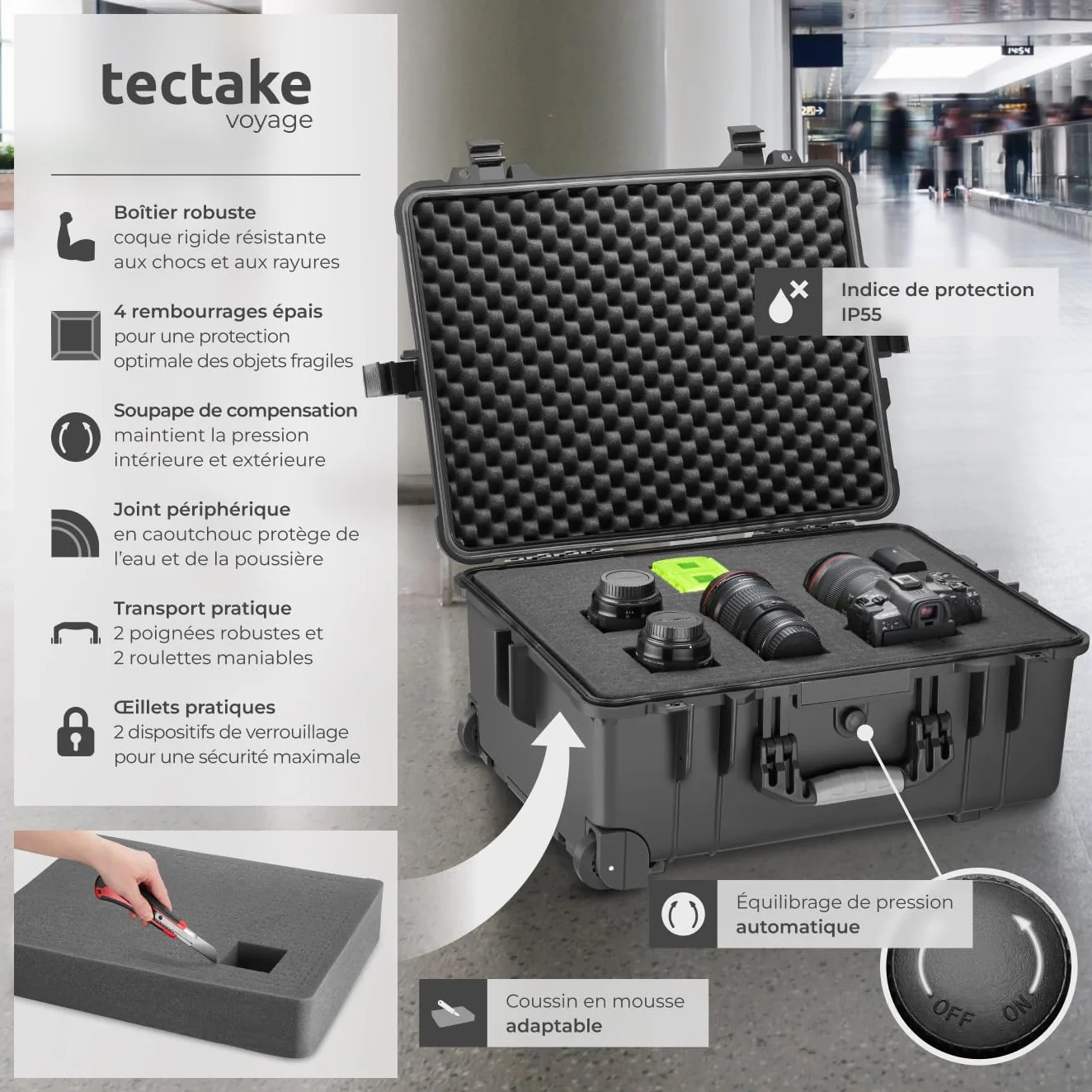 tectake® Valise à roulettes avec Protection en Mousse pour Appareil Photo, caméra & Accessoires ou Outils, Boite étanche, avec œillets pour Cadenas, Résistante aux Chocs, poussière & Eau