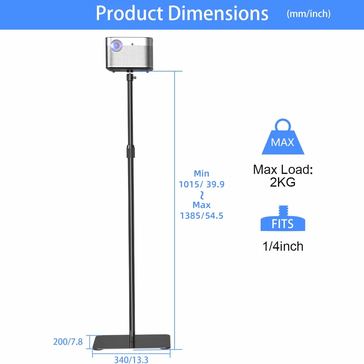 Suptek Support de Projecteur au Sol, Hauteur Réglable 1015-1385 mm, Rotation 360°, Supporte 2 kg PR001F