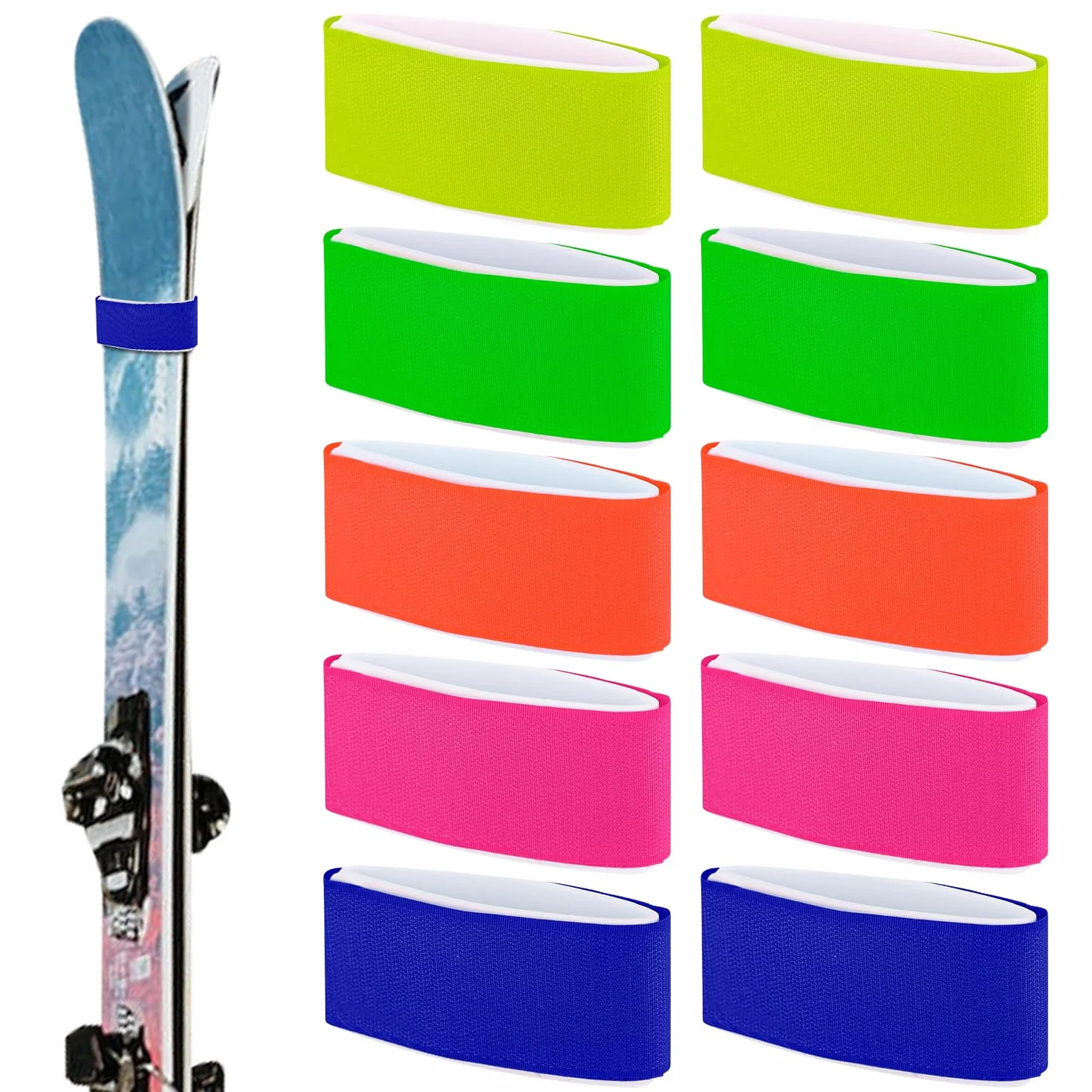 Sangles de Ski réglables 10 pièces, Attaches EVA, Ruban de Fixation (Bleu, Rose, Rouge, Orange, Jaune, Vert)