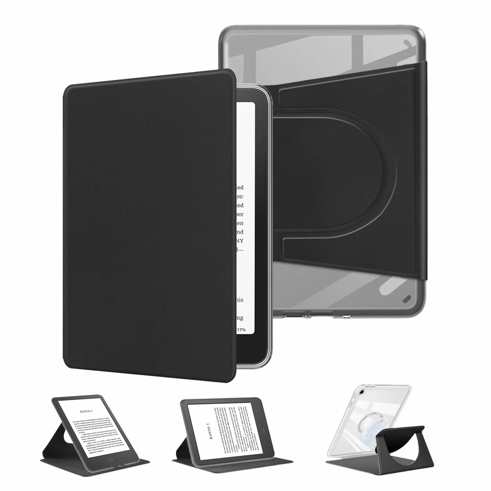 Coque pour Kindle 2024/2022, 360 Degrés 6" Etui Protection Liseuse 11. Generation, Magnétique Amovible Étui, Support Réglable Case, Transparent avec Mise en Veille/Réveil Pochette Housse, Noir