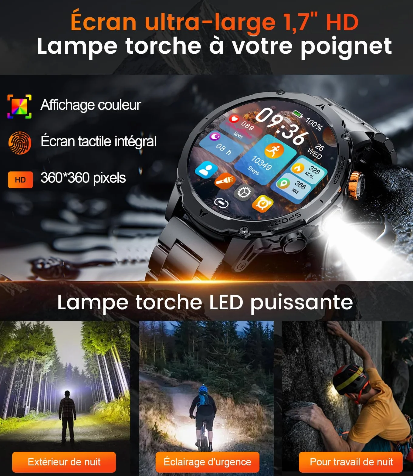 LIGE 1000mAh Montre Connectée Homme, 1,7" Smartwatch Militaire avec 110+ Modes Sportifs, IP68 Étanche, Appel Bluetooth, 24H Fréquence Cardiaque, Podomètre Android iOS,3 Bracelets,2 Chargeurs,EF24-A