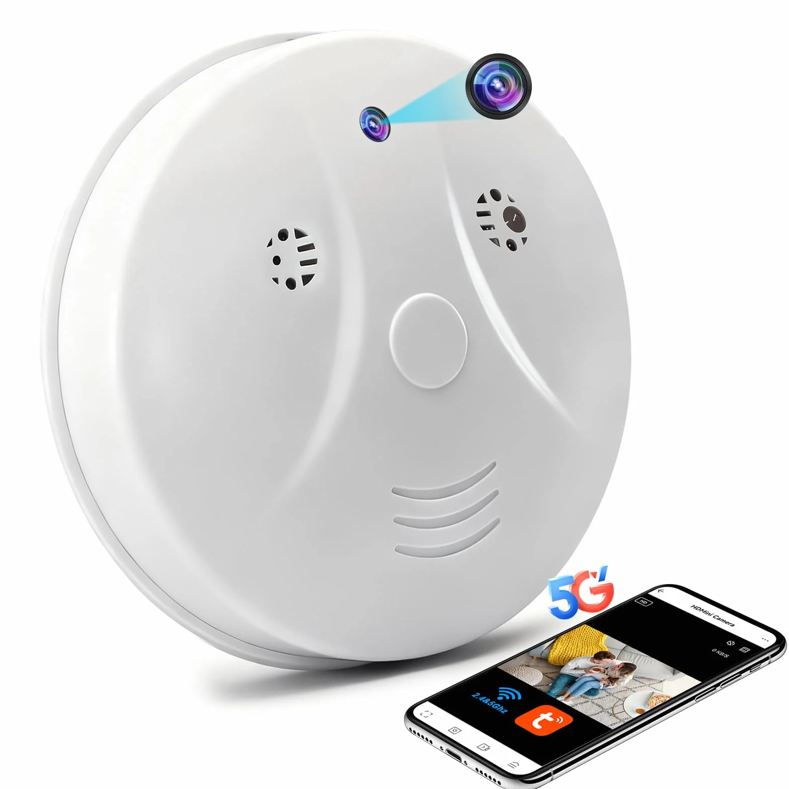 Caméra Cachée WiFi 2,4 et 5G, Caméra Espion WiFi Détecteur de Fumée, Mini Camera Espion Cachée HD 1080P avec Vision Nocturne et Détection de Mouvement pour la Sécurité Domestique