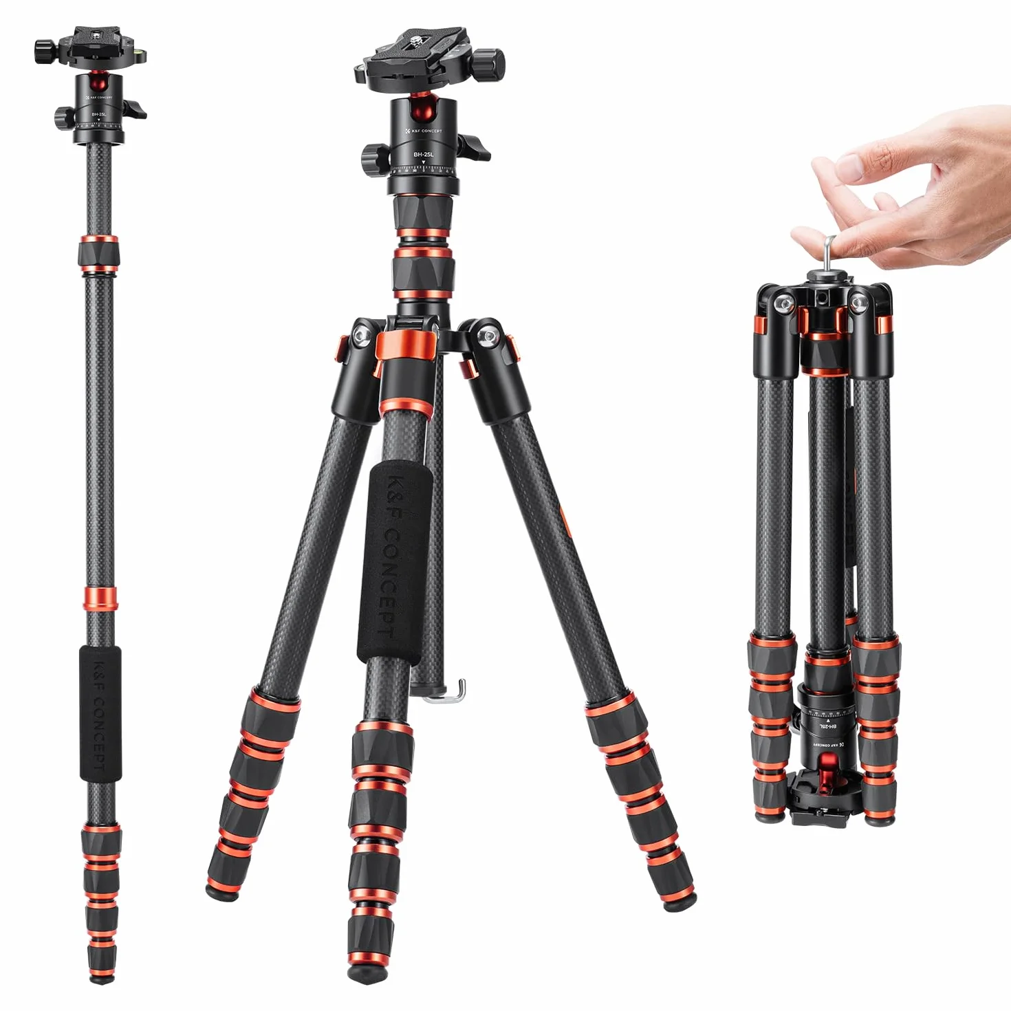 K&F Concept Trepied Carbone Monopode Appareil Photo 153cm, Trépied Professionel Compact A225C0 pour DSLR, Trepied Voyage Leger 5 Sections avec Rotule Metal Sac Transport Inclus Max:8kg