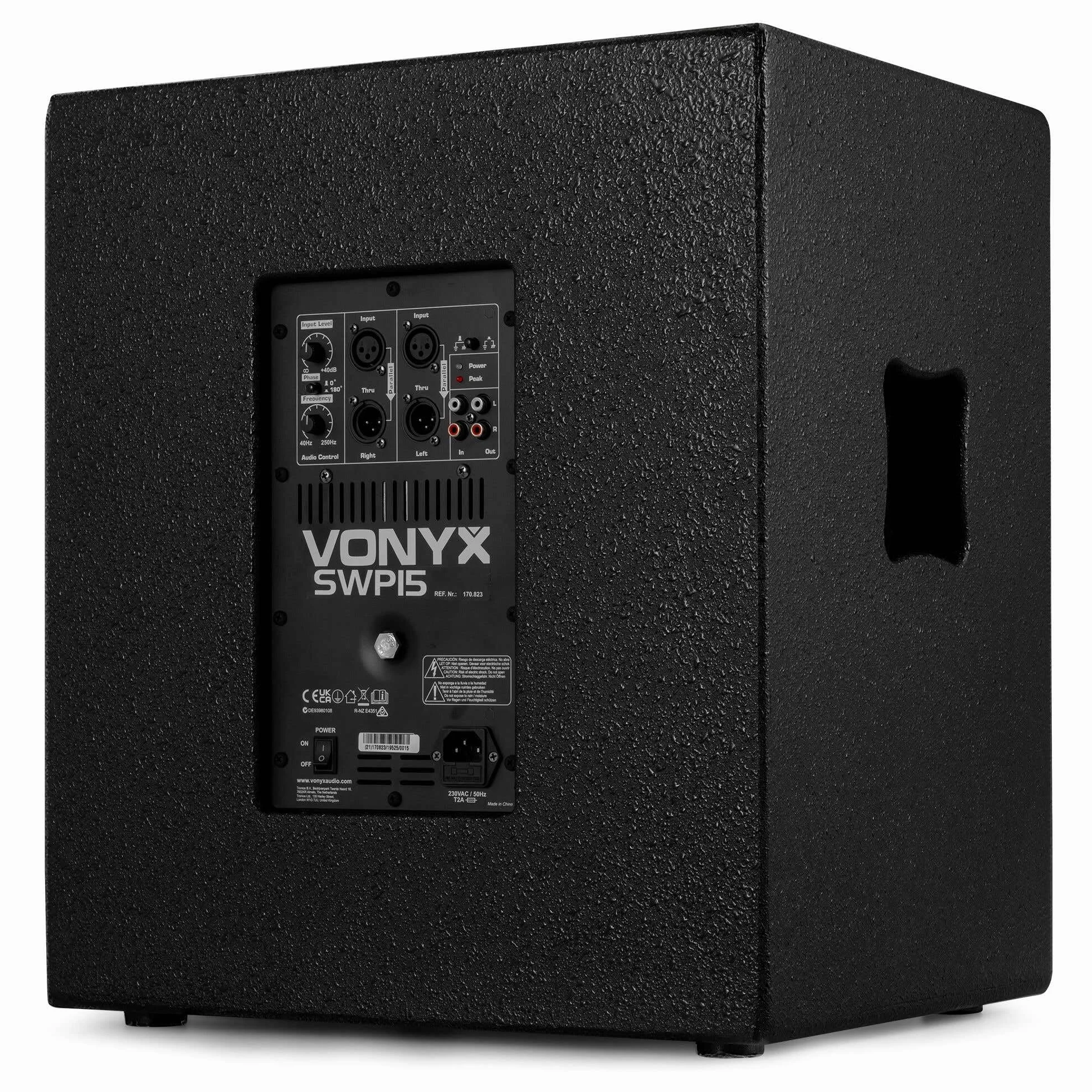 VONYX SWP15 Caisson de Basse Actif 800W, Phase Réglable, Entrée/Sortie XLR + RCA, Amplificateur Intégré, Insert sur la Face Supérieure pour Enceinte Active, Grave 15", Idéal pour DJ Mobile