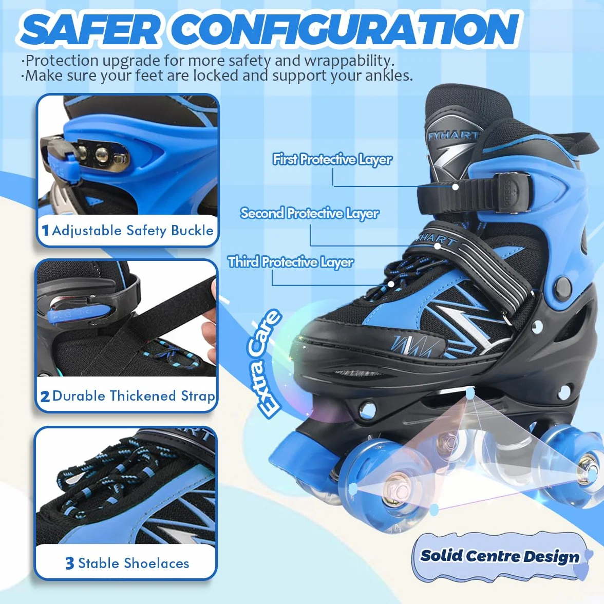 Patins à roulettes pour Enfants Garçons et Filles, 4 Tailles Réglables, Roues Lumineuses, Bleu et Rouge, Quad