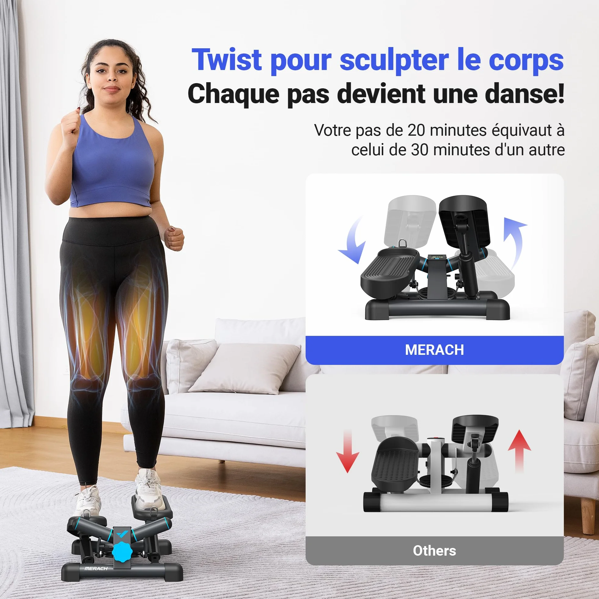 MERACH Stepper 2 en 1 pour la Maison, Silencieux 150 kg avec Écran LCD, Fitness avec Cordes de Puissance