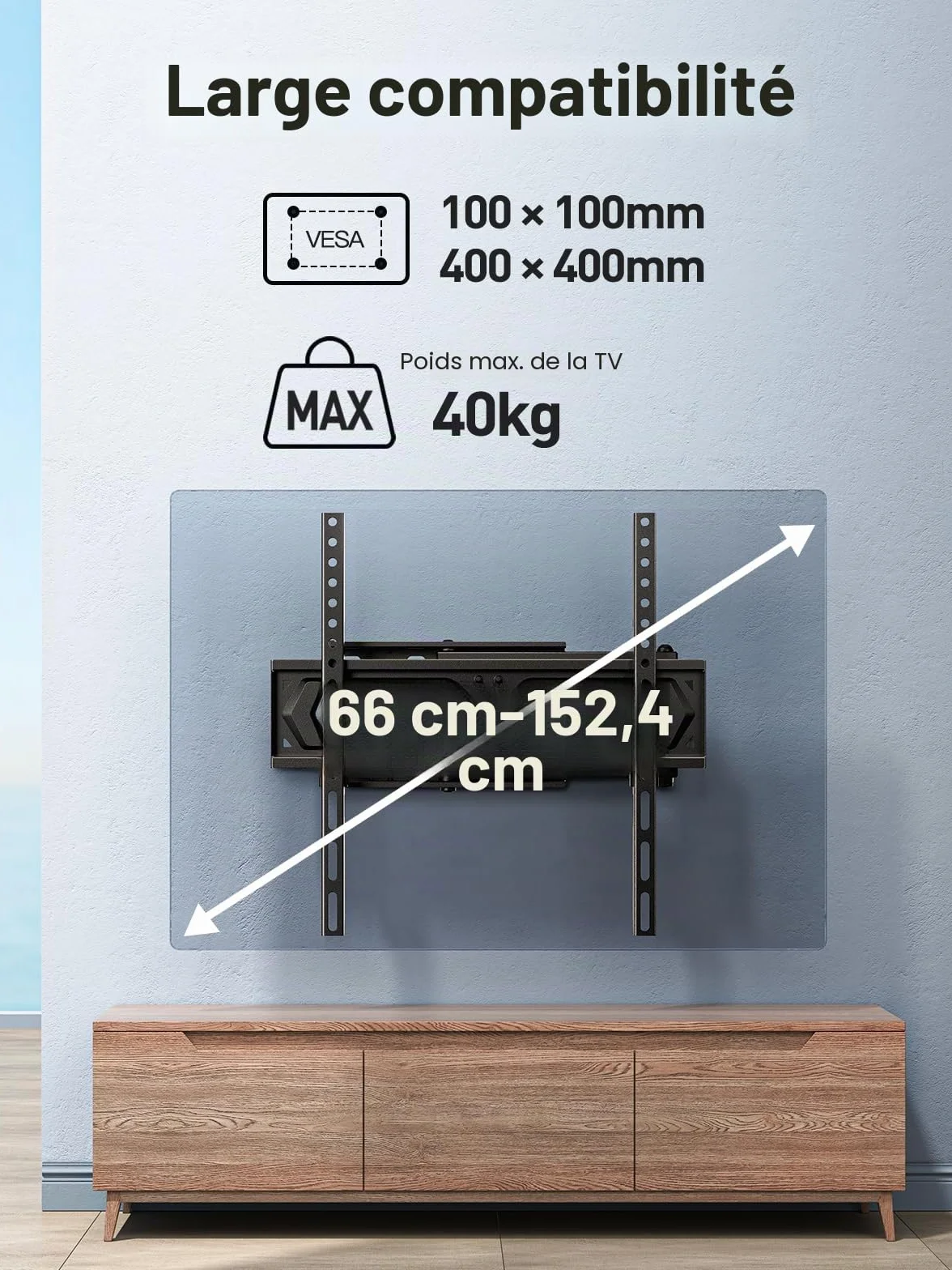 PERLESMITH Support Mural TV, pour 26-60 Pouces (66-152 cm) Télévision Jusqu'à 40kg, Fixation TV Murale Orientable et Inclinable 50 55 Pouces, Max VESA 400x400mm PSMFK10