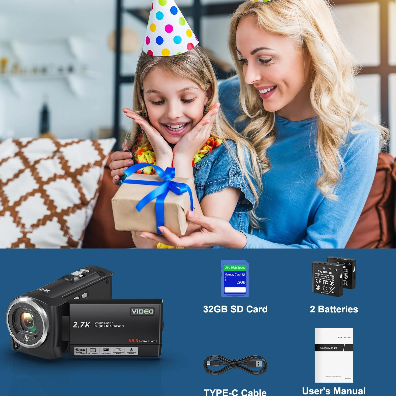 Caméra vidéo 2.7K 56MP avec éclairage LED, Zoom numérique 16X, Écran LCD 2,8", Carte SD 32 Go, 2 Piles
