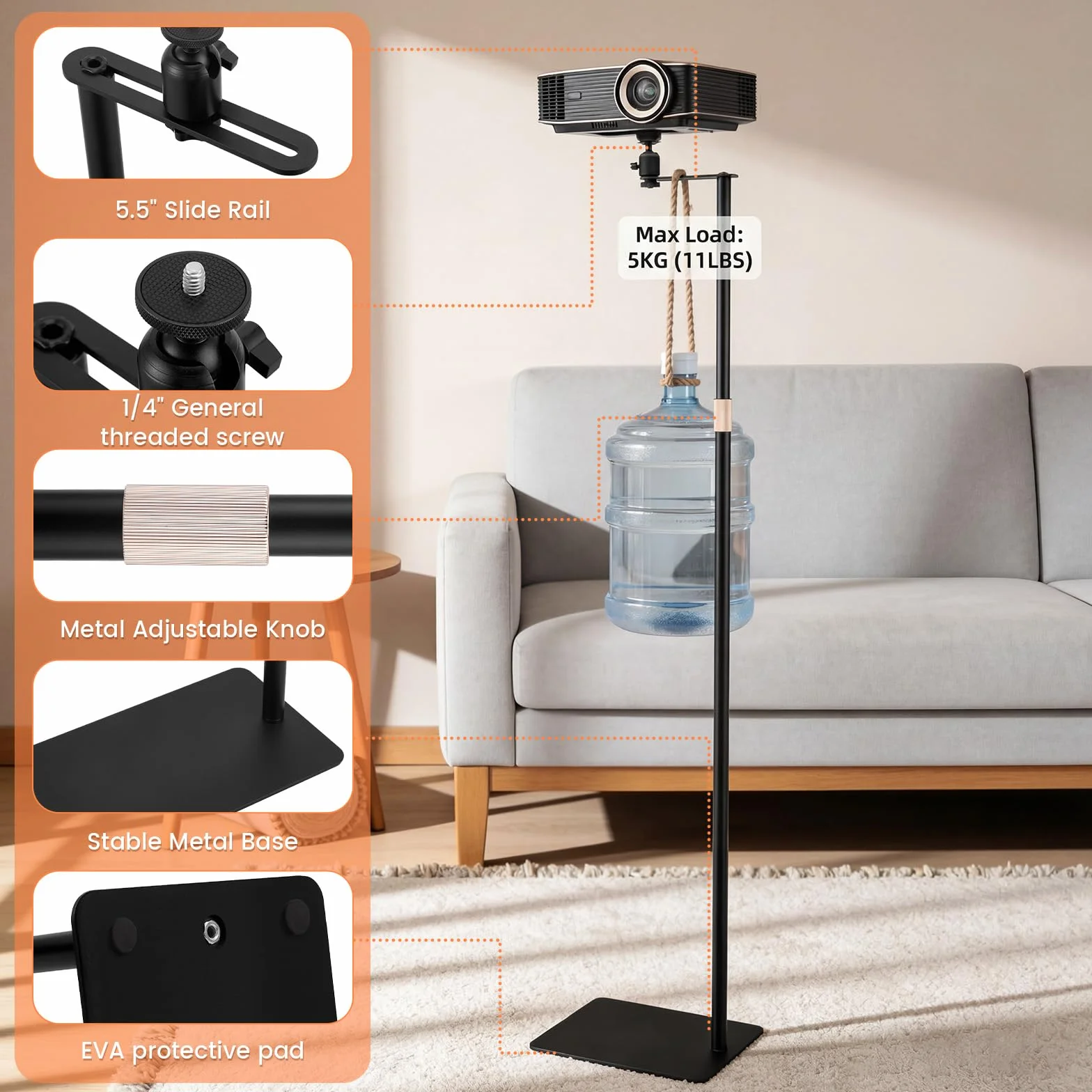 Support de projecteur pivotant 360° hauteur réglable 40-160 cm filetage 1/4" acier au carbone