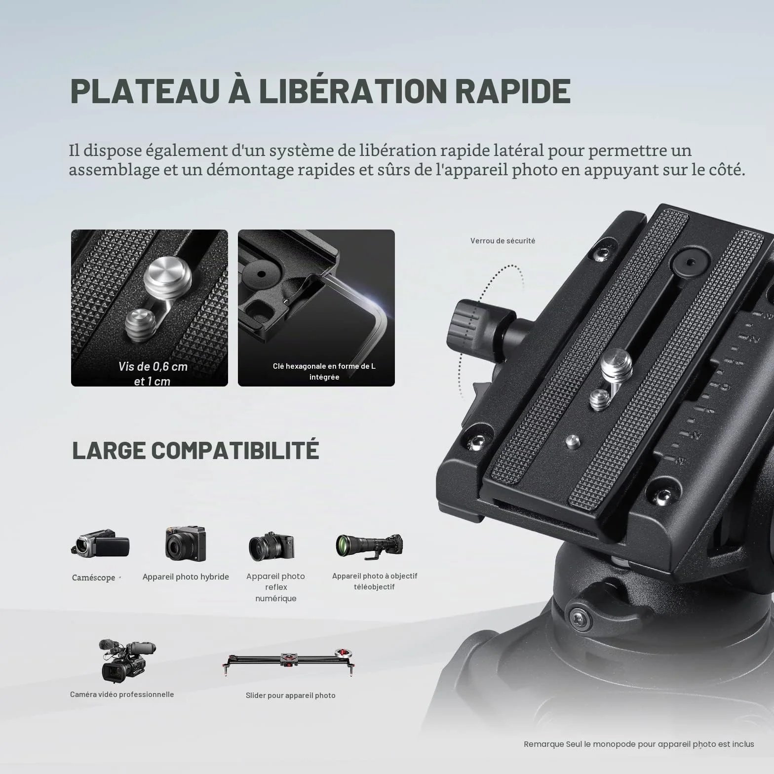 NEEWER GM76 Monopode professionnel pour appareil photo avec pieds, télescopique, portable, en aluminium, tête fluide, inclinable, pied amovible, pour appareil photo reflex numérique, charge maximale 6