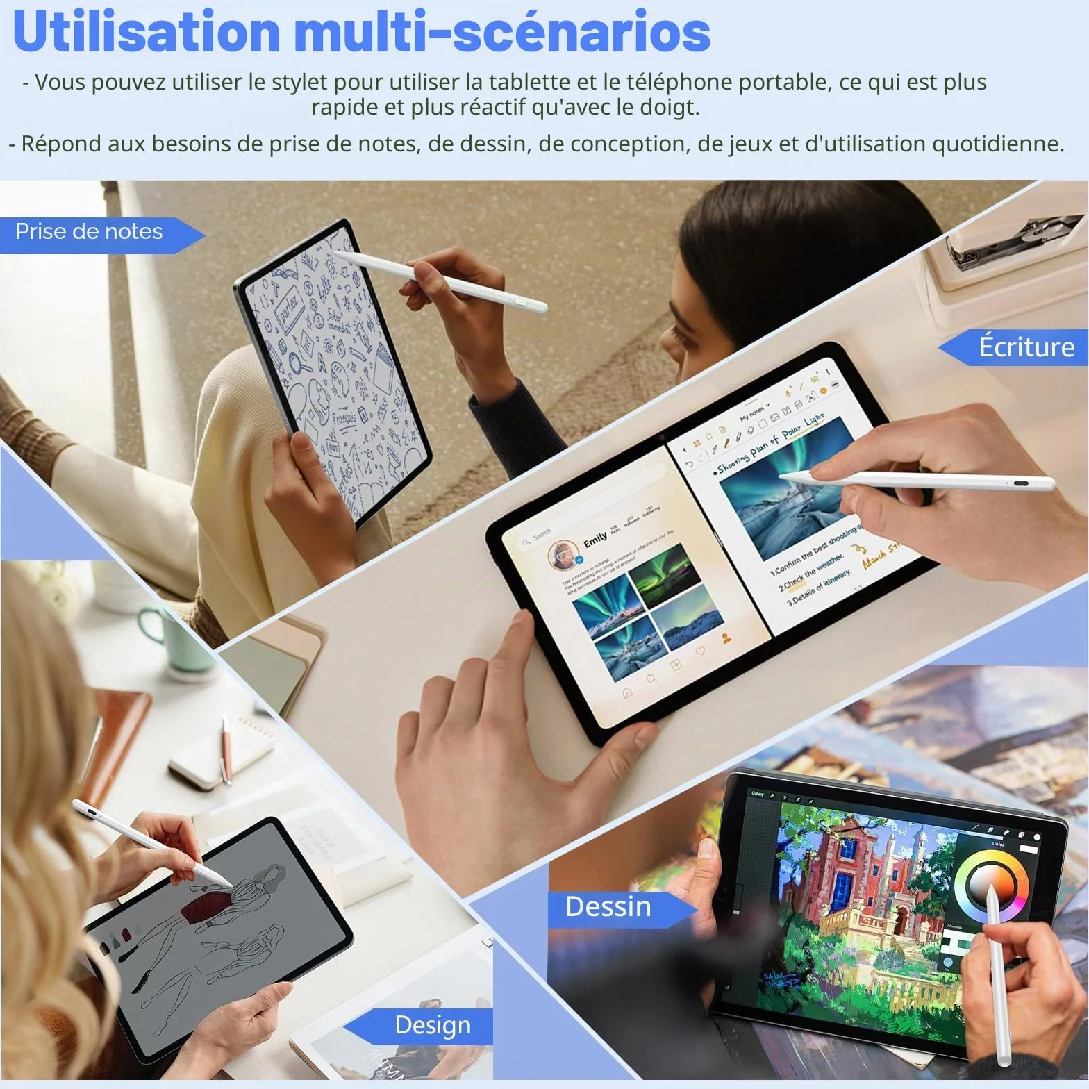 KISSLEAF Stylet Universel pour Tablette Android Samsung Lenovo Huawei Xiaomi Vivo avec 5 Astuces Pointe de 1.5 mm Charge Rapide 30min Adsorption Magnétique