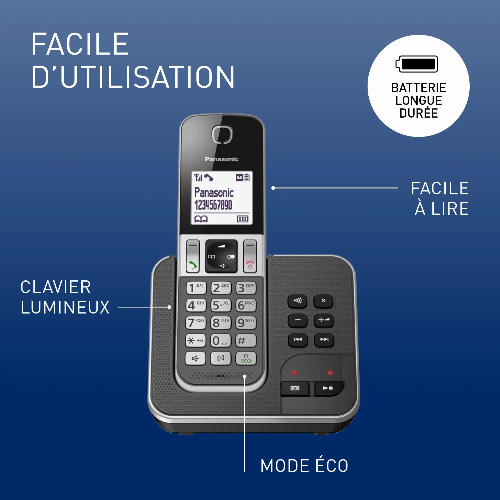 Panasonic KX-TGD322 Téléphone sans Fil Répondeur Écran Noir