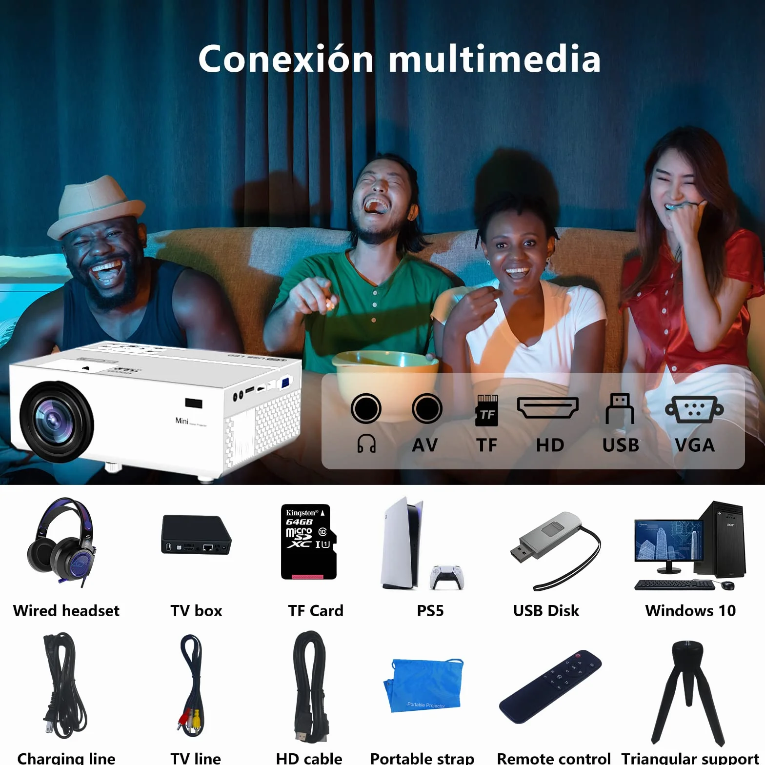 Mini Projecteur 10000 Lumens 1080P Full HD Portable Support HDMI USB AV Blanc M8