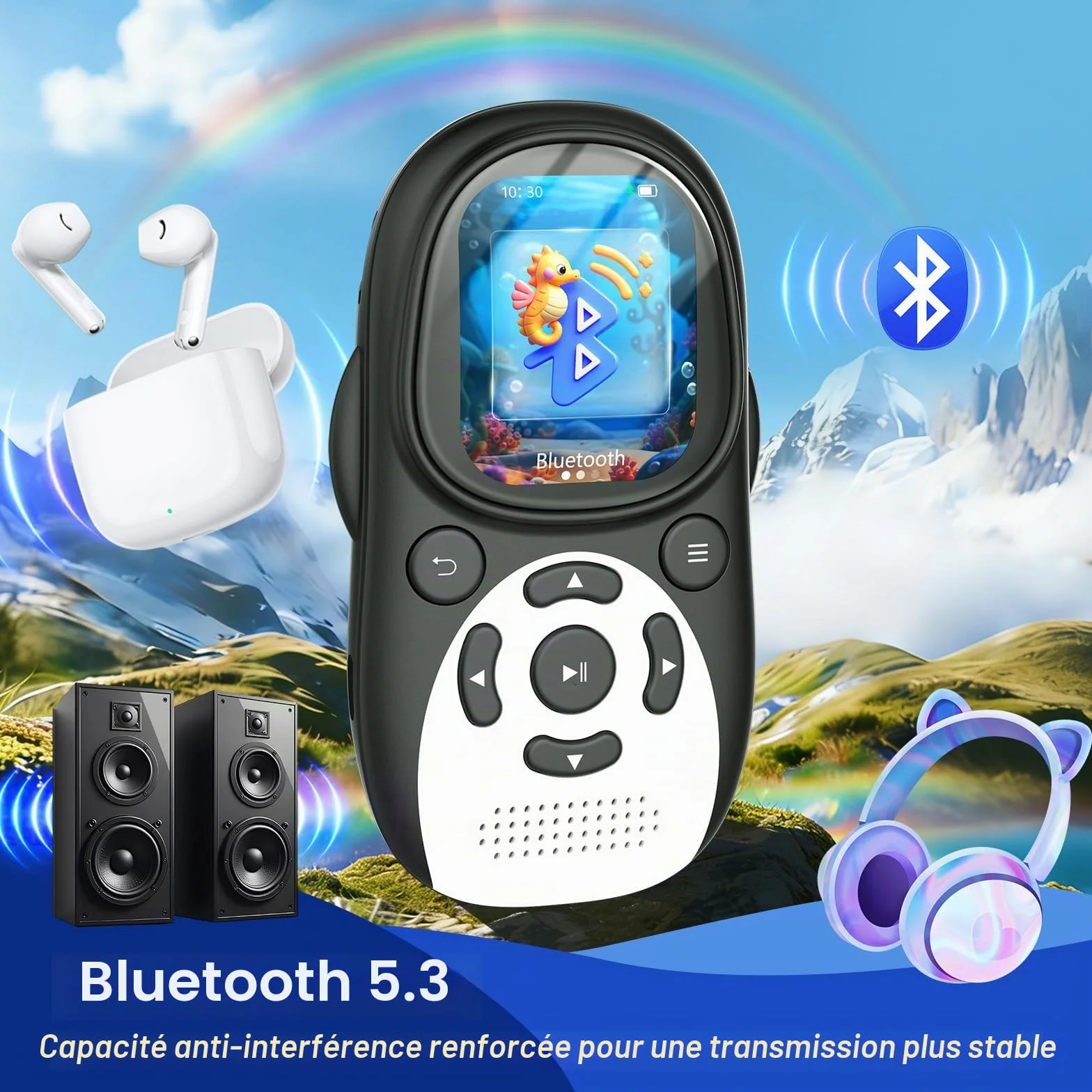 Lecteur MP3 Enfant Bluetooth 5.3 64Go Écran IPS 2 Pouces Radio FM 750mAh