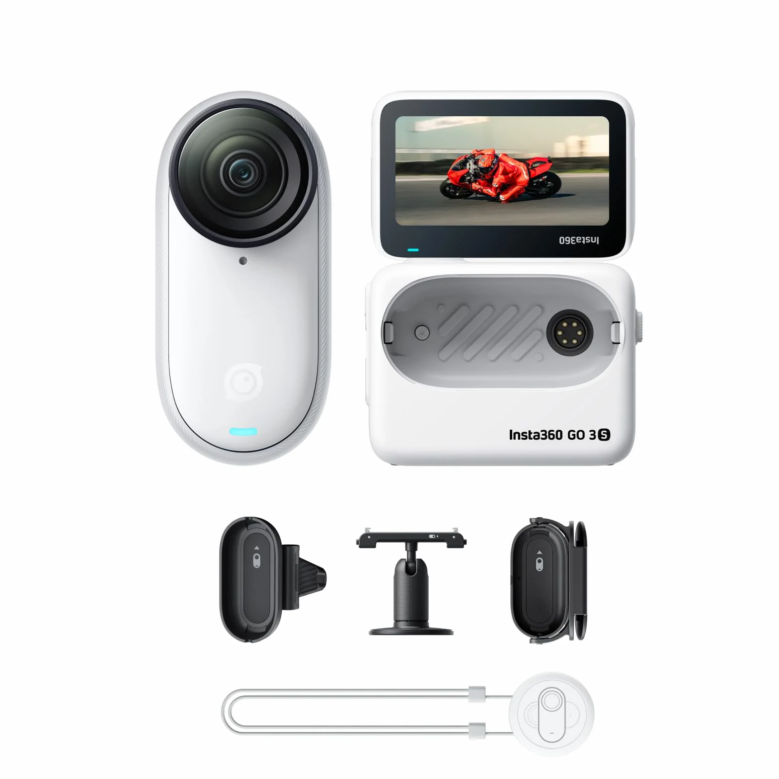 Insta360 GO 3S Blanc Arctique (128GB) Pack POV Moto- Petite caméra de vlog 4K, POV Mains Libres, Montage Partout, stabilisation, 140 Min d'autonomie, étanche à 10 m, édition IA, pour Voyage, vlog