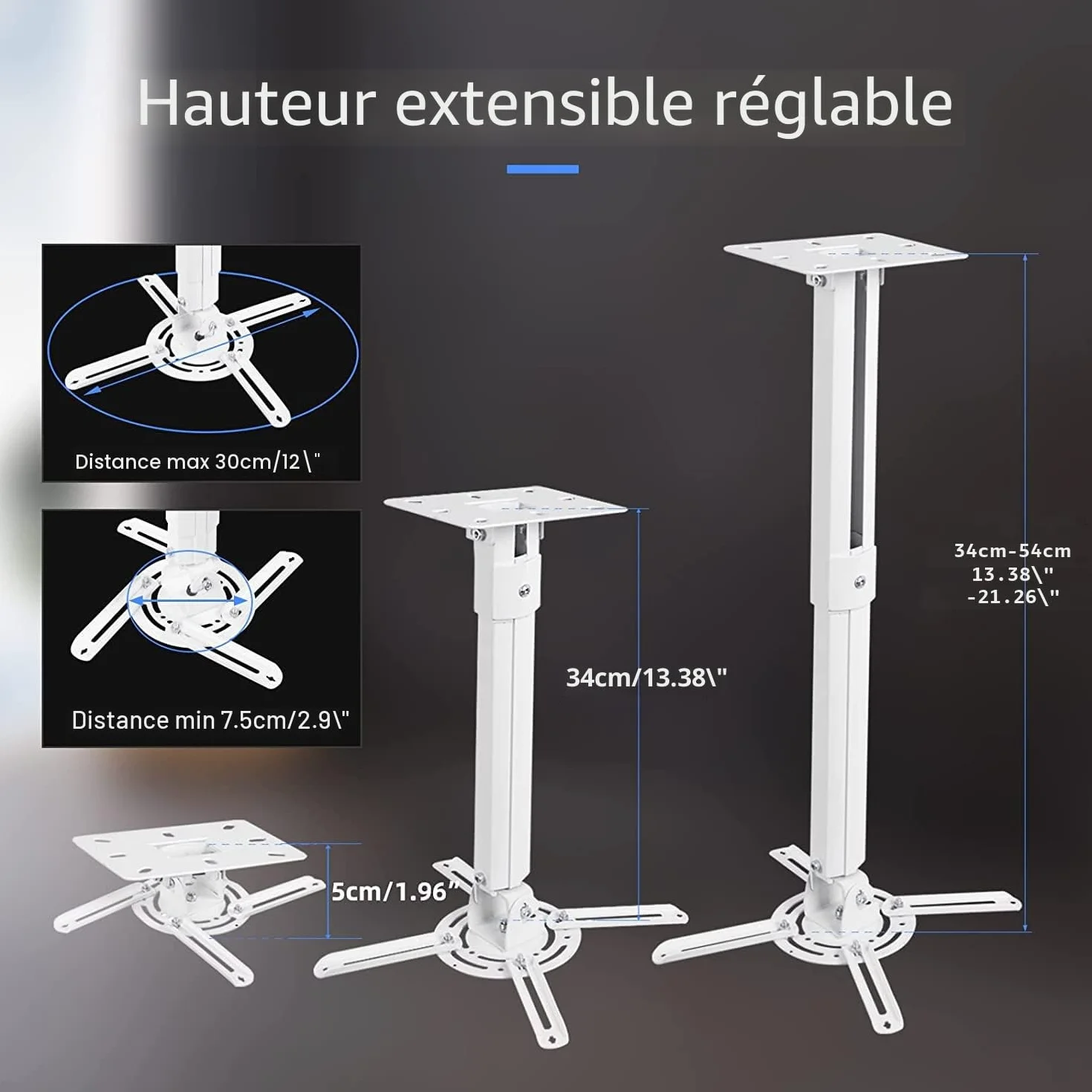 Support Videoprojecteur Plafond Suptek, Support Mural Universel pour Projecteur avec Perche 34-54 cm, jusqu'à 13,6 kg, Blanc PR05W
