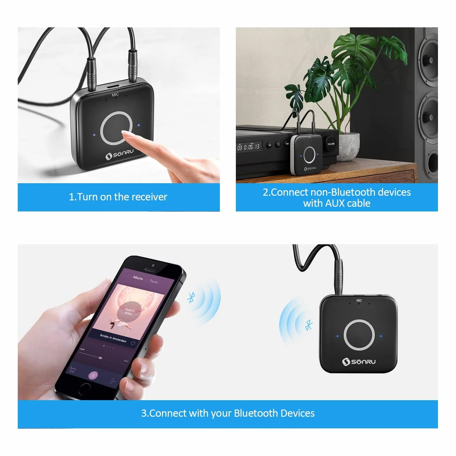 SONRU Récepteur Bluetooth 5.3, Adaptateur Bluetooth Récepteur Audio sans Fil de Voiture avec Câble RCA AUX 3,5 mm, Doubles Sorties AUX pour Système Audio de Diffusion Musique Stéréo à Domicile