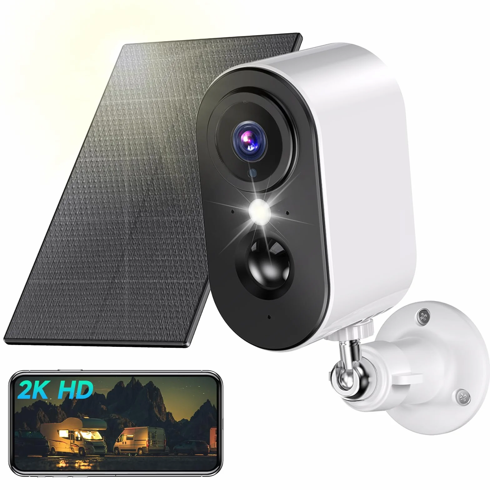 2K Caméra Surveillance WiFi Exterieure sans Fil Batterie - Camera Surveillance WiFi avec Panneau Solaire, Vision Nocturne Couleur, Extérieure/Intérieure, PIR Détection Mouvement, IP66, 2,4 GHz