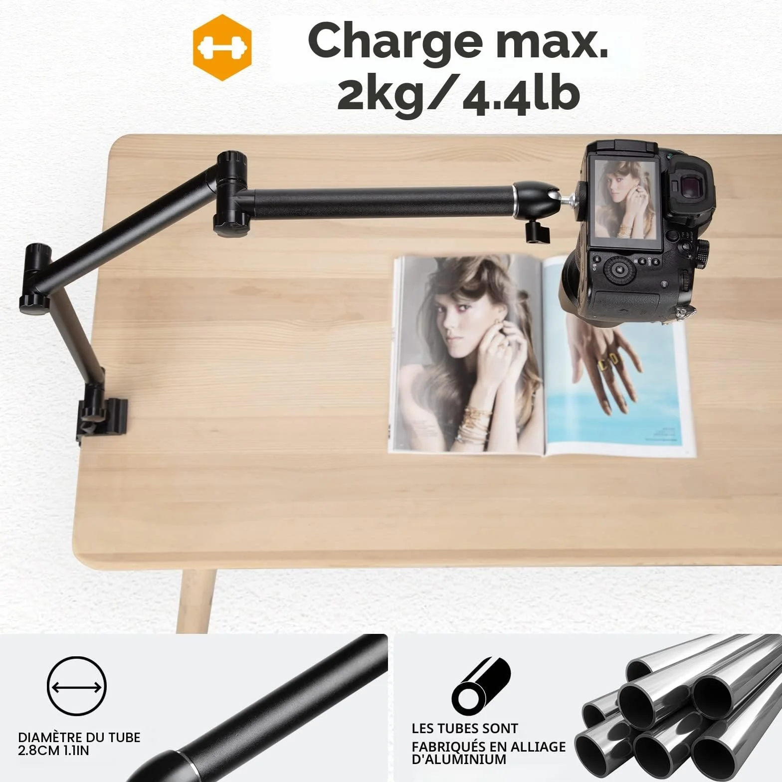 TARION Support de Bureau pour Appareil Photo trépied aérien Bras articulé Flexible à 360° avec vis 3/8' et vis 3/8' à 1/4' Reflex numériques Projecteur Ring Light TKB01