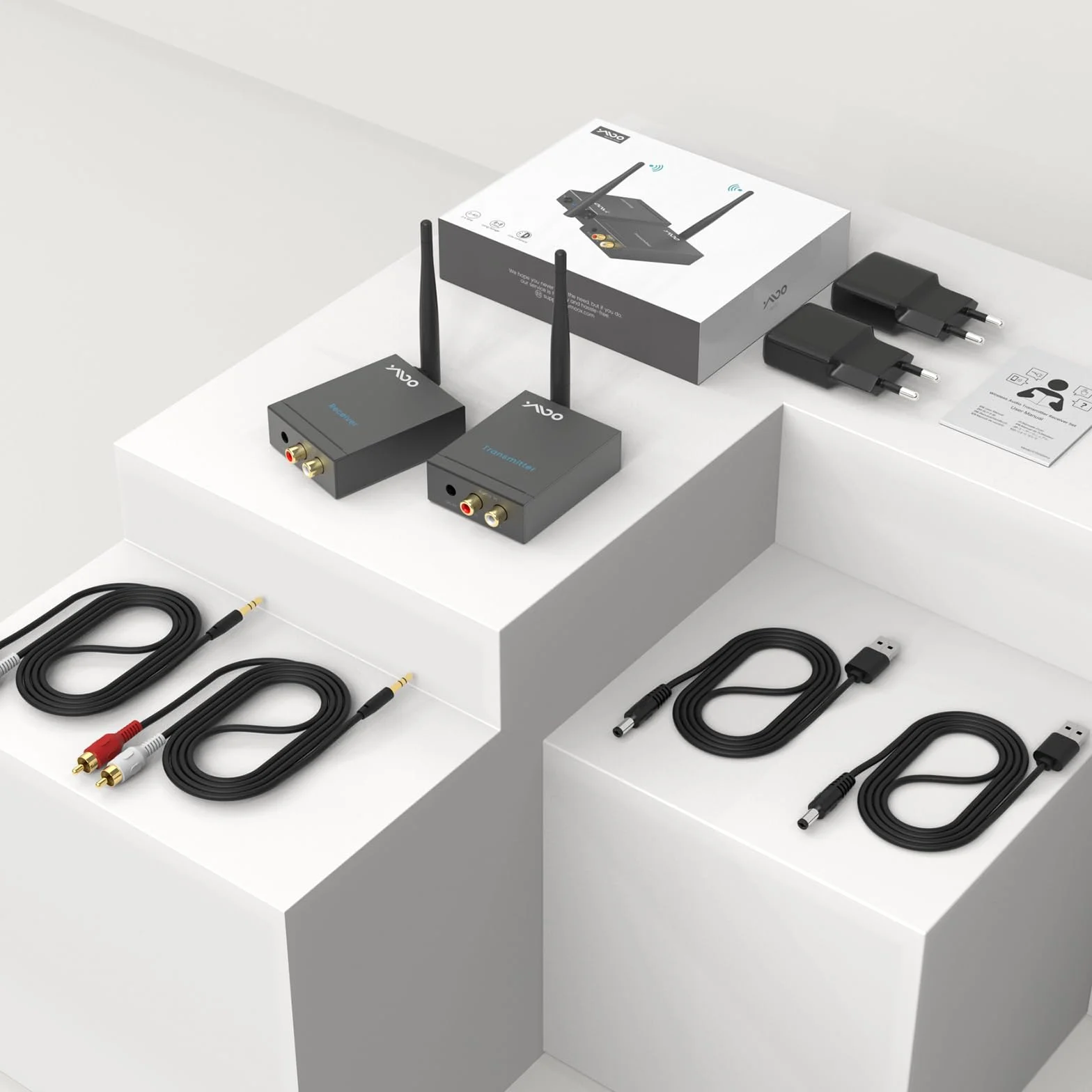 YMOO Wireless émetteur-récepteur de Transmission Audio 2,4 GHz, Adaptateur Audio Jack RCA 3,5 mm, Faible Latence 20ms, stéréo HiFi 48 kHz/24 Bits pour TV/PC vers Caisson de Basses/Haut-Parleur/ampli