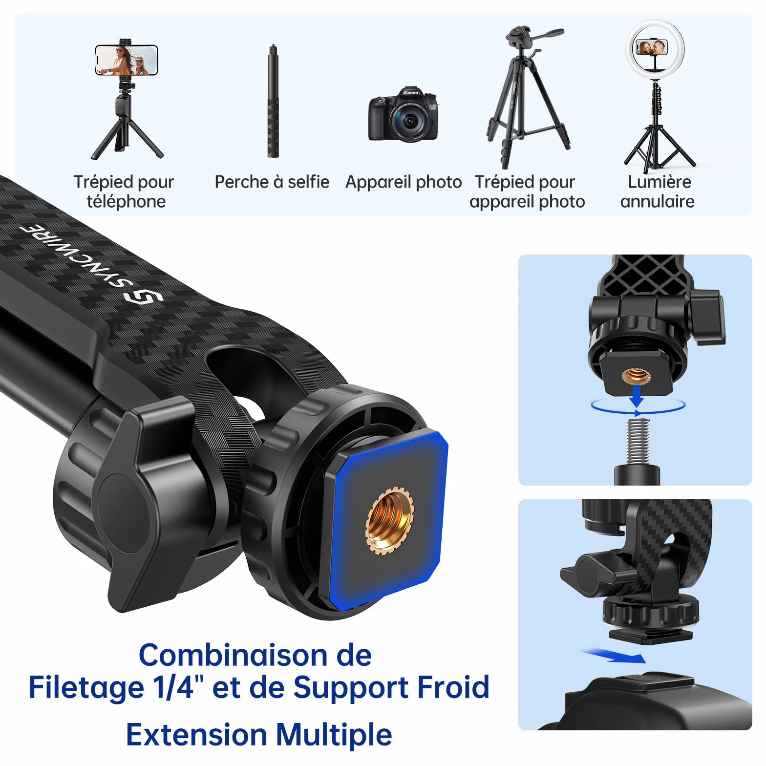 SYNCWIRE Adaptateur Trépied Smartphone avec 2 Sabots Froids, Vis 1/4", Rotatif 360°