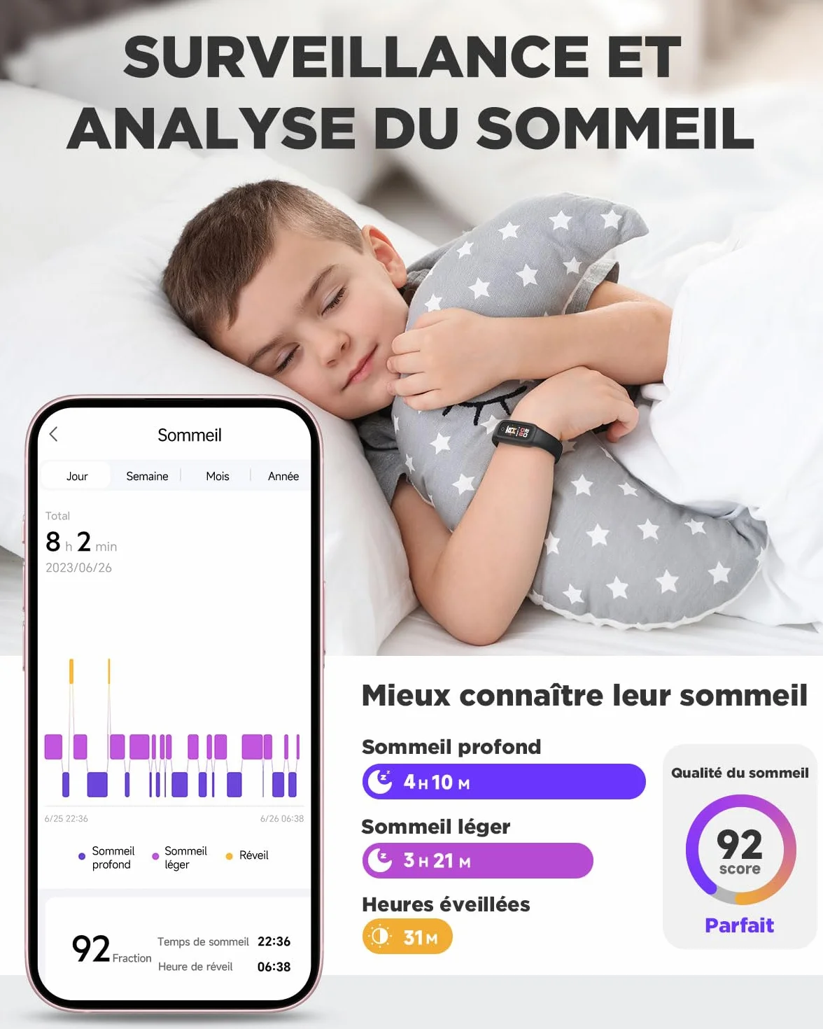 BIGGERFIVE Vigor 2 L Montre de Fitness Enfants 5-15 Ans IP68 Tracker d'Activité Podomètre Moniteur Cardiaque Noir