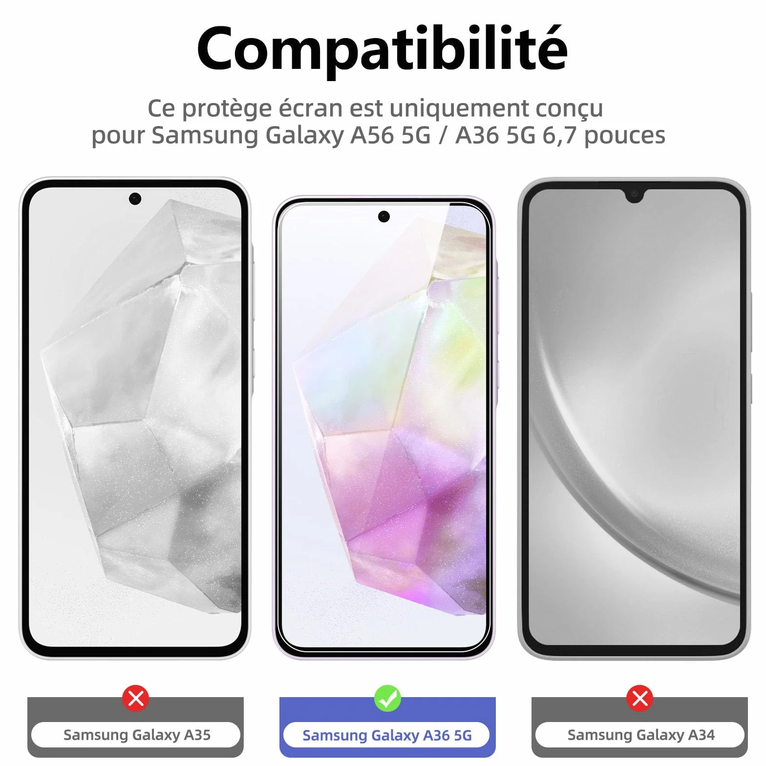 NEW'C Lot de 3, Verre Trempé pour Samsung Galaxy A56 5G / A36 5G Film en Protection écran efficace contre les Rayures - sans Bulles - Ultra Résistant (0,33mm HD Ultra Transparent) Dureté 9H Glass