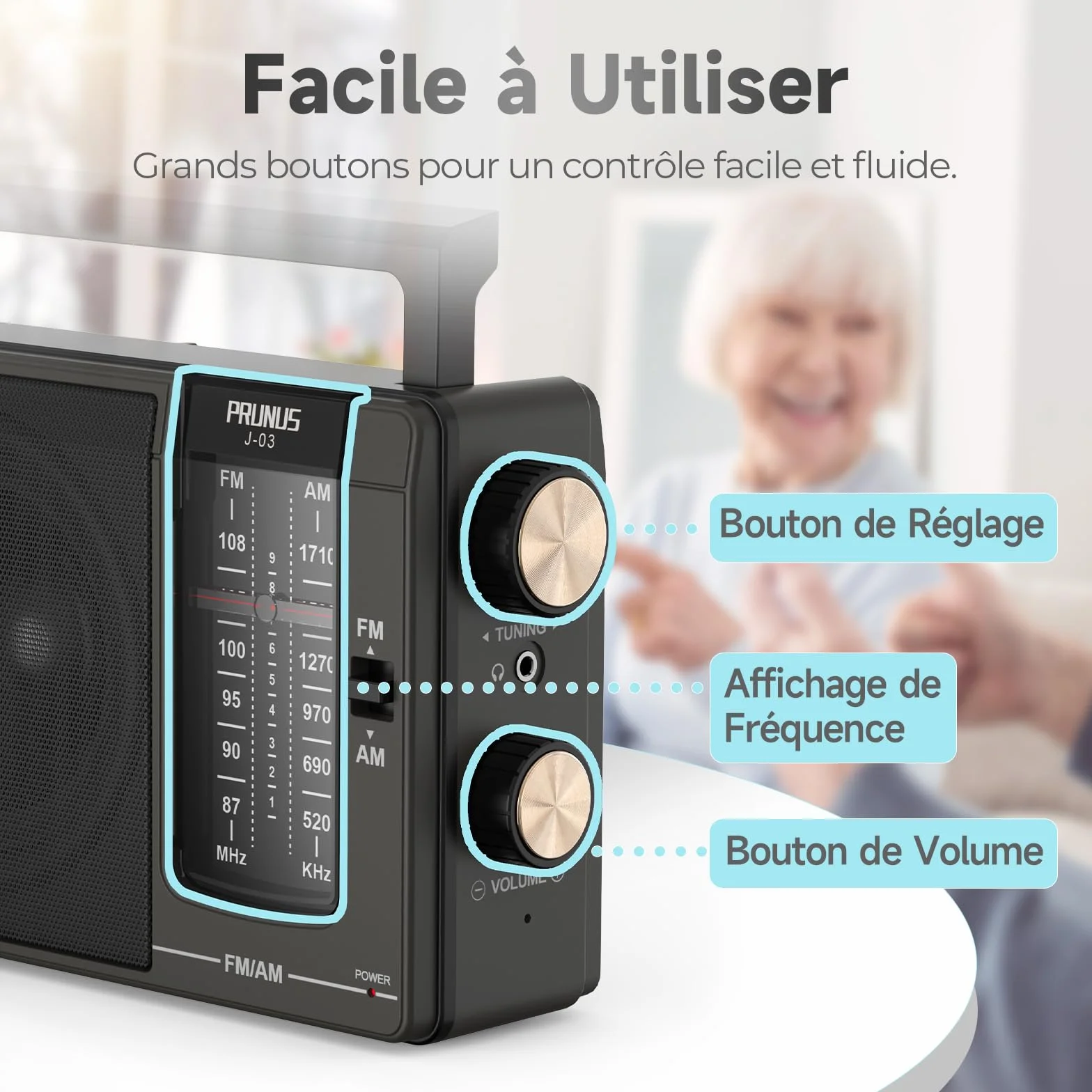 Poste Radio FM/AM PRUNUS J-03 Radio Portable Piles et Secteur, Transistor Haute Performance, Excellente Réception DSP, Haut-Parleur Puissant, Prise Casque 3.5mm - Idéal pour Personnes Âgées, Cuisine