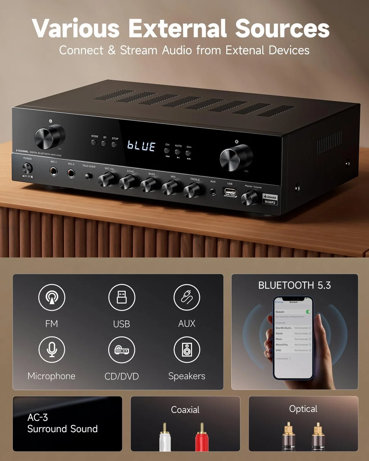 Donner Amplificateur Audio 5.1 Canaux Bluetooth 5.3 Optique Coaxiale USB FM RCA Karaoké Home Cinéma MAMP4