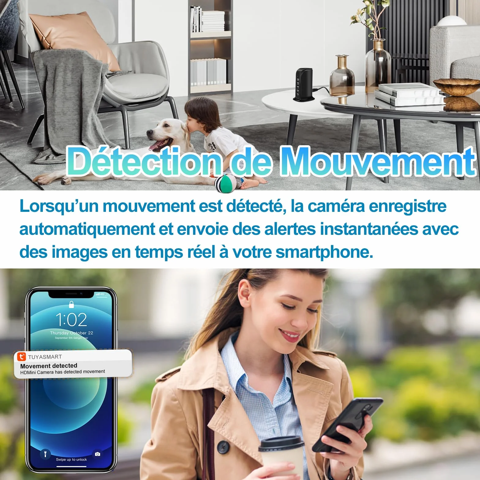 TANGMI Camera Espion, Hub de Charge 5-en-1 Mini Camera Espion sans Fil, WiFi 2.4G & 5Ghz 1080P HD avec Détection de Mouvement et Alertes Instantanées pour la Maison et Le Bureau