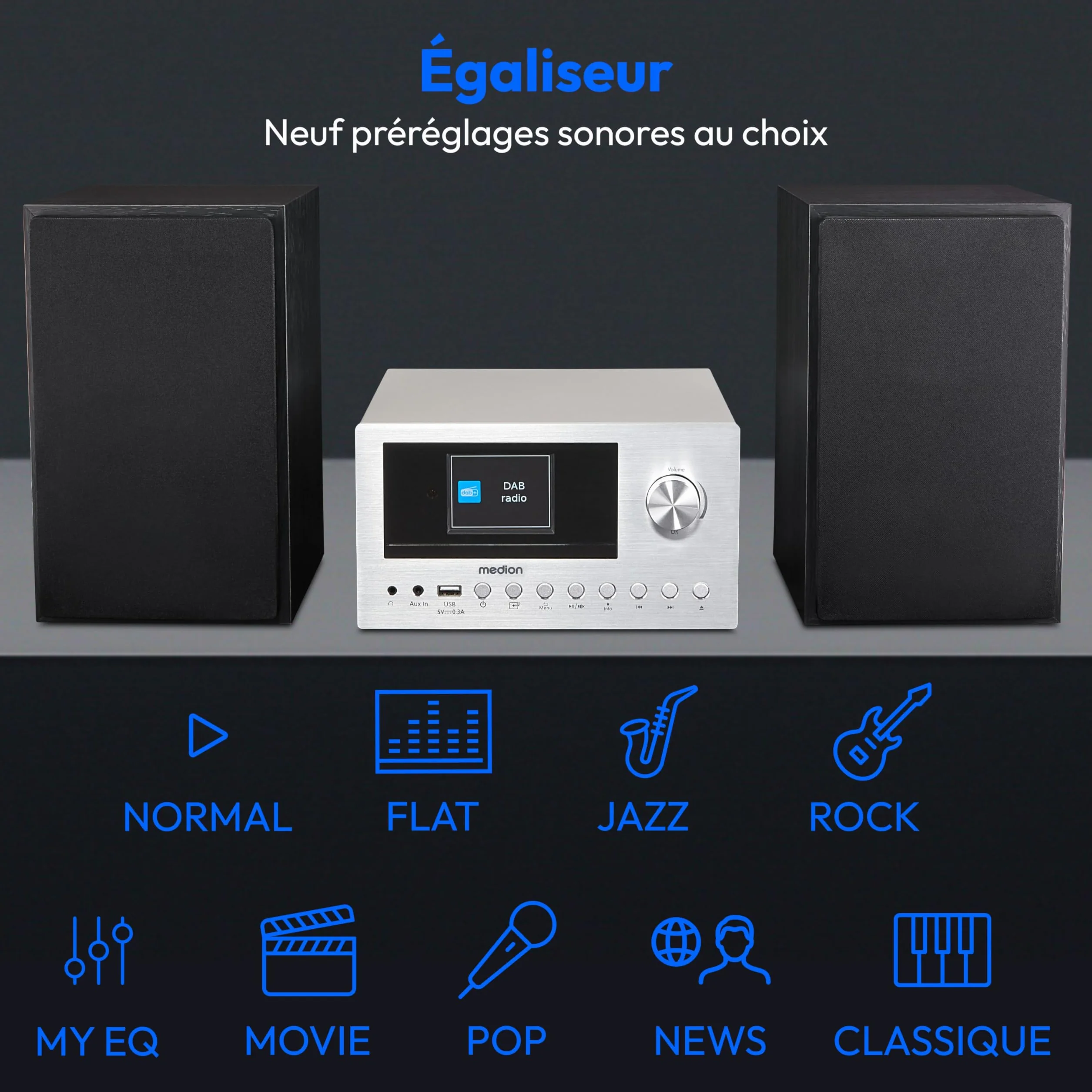 MEDION P85003 Mini Chaîne HiFi avec Lecteur CD (WiFi, Bluetooth, Radio Internet, Dab +, USB, AUX, Égaliseur, Écran Couleur TFT avec télécommande, 2X 15 W RMS) Argent