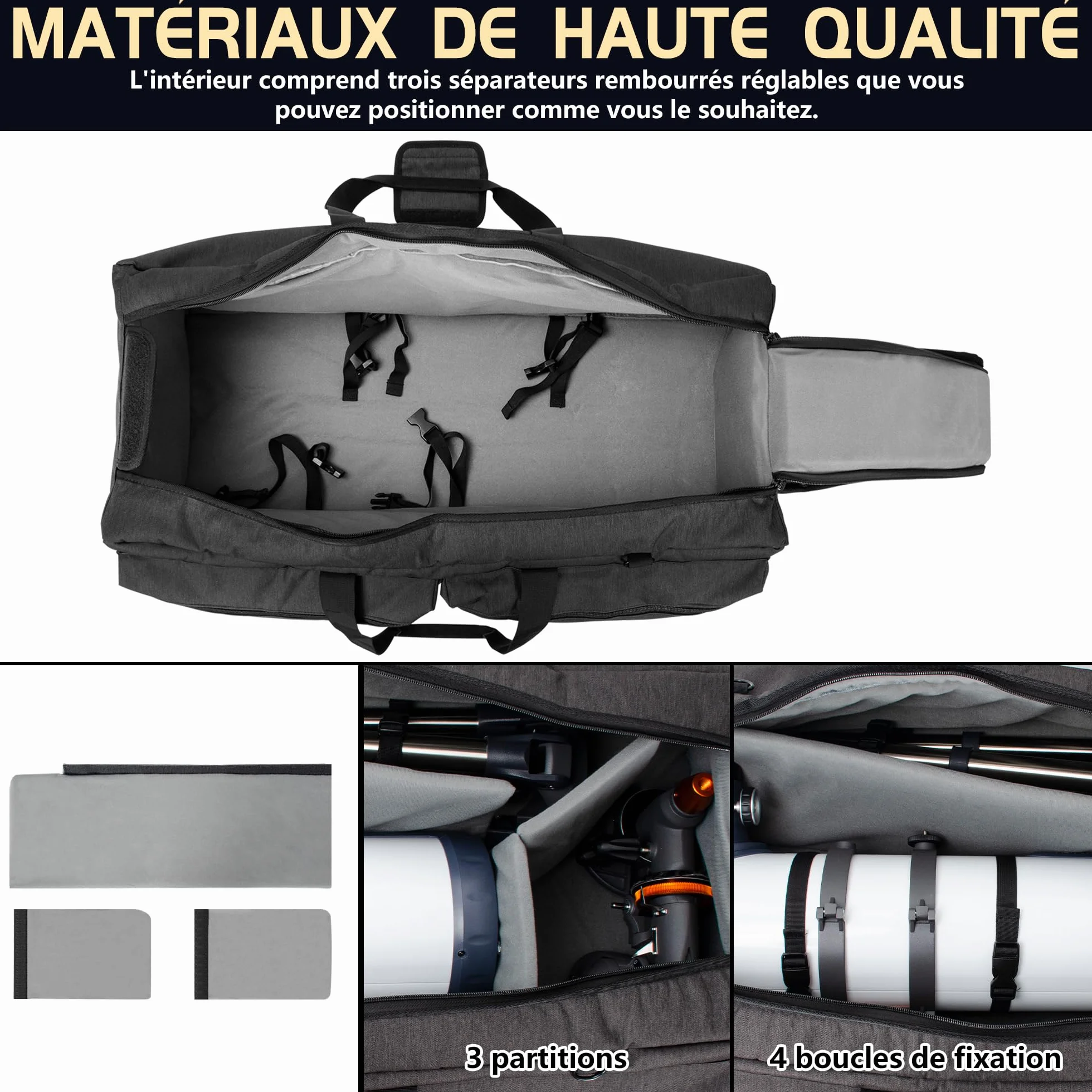 OUUTMEE 76CM Étui Rembourré pour Télescope, Sac de Transport pour Télescope avec Séparateurs Réglables et Poches pour télescopes, Montures, Trépieds et Accessoires (Noir)