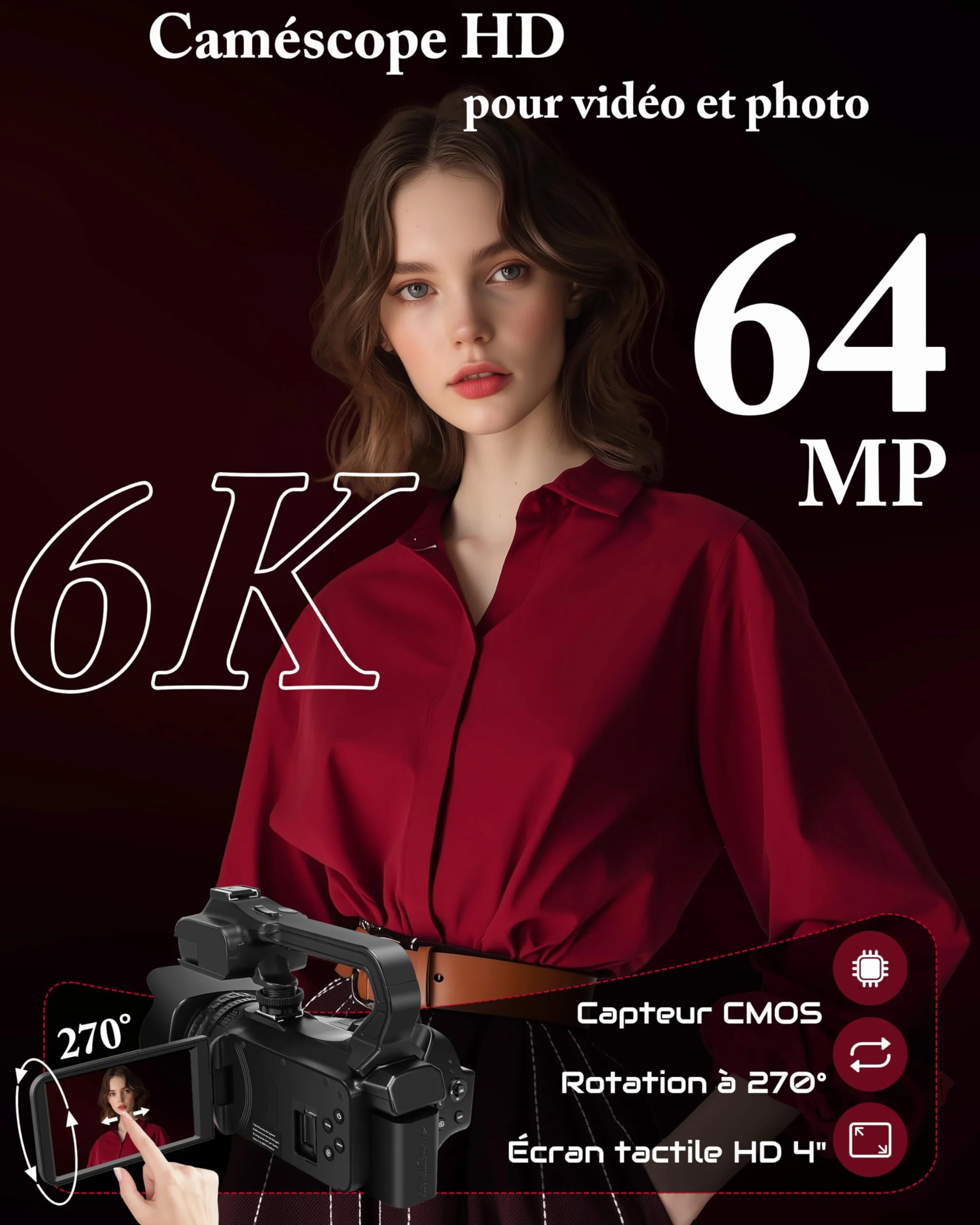Caméscope 6K 64MP WiFi Vision Nocturne Infrarouge 18X Zoom Numérique avec Pile 4500mAh, Carte SD 64 Go