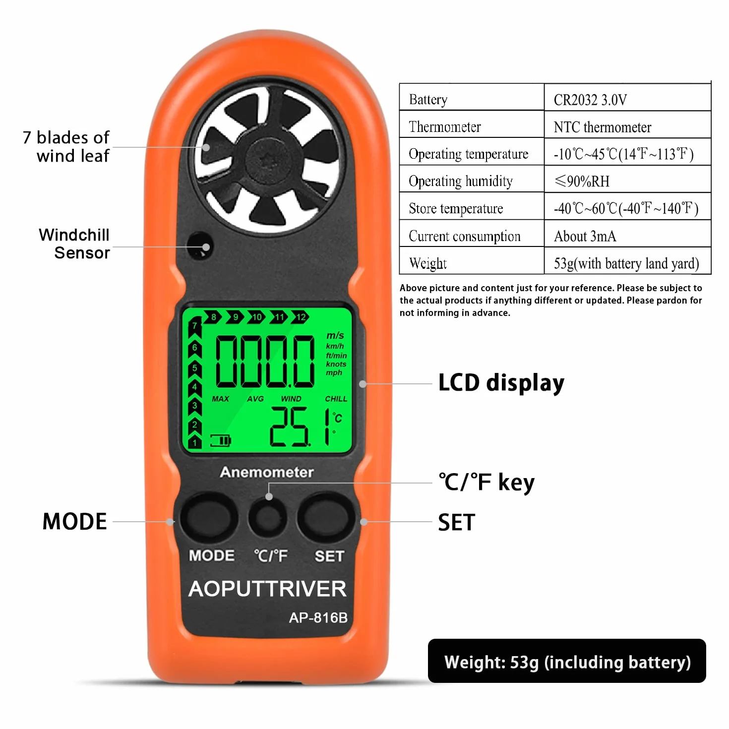 Anémomètre de poche AP-816B mesure vitesse du vent température max/min/courant pêche voile
