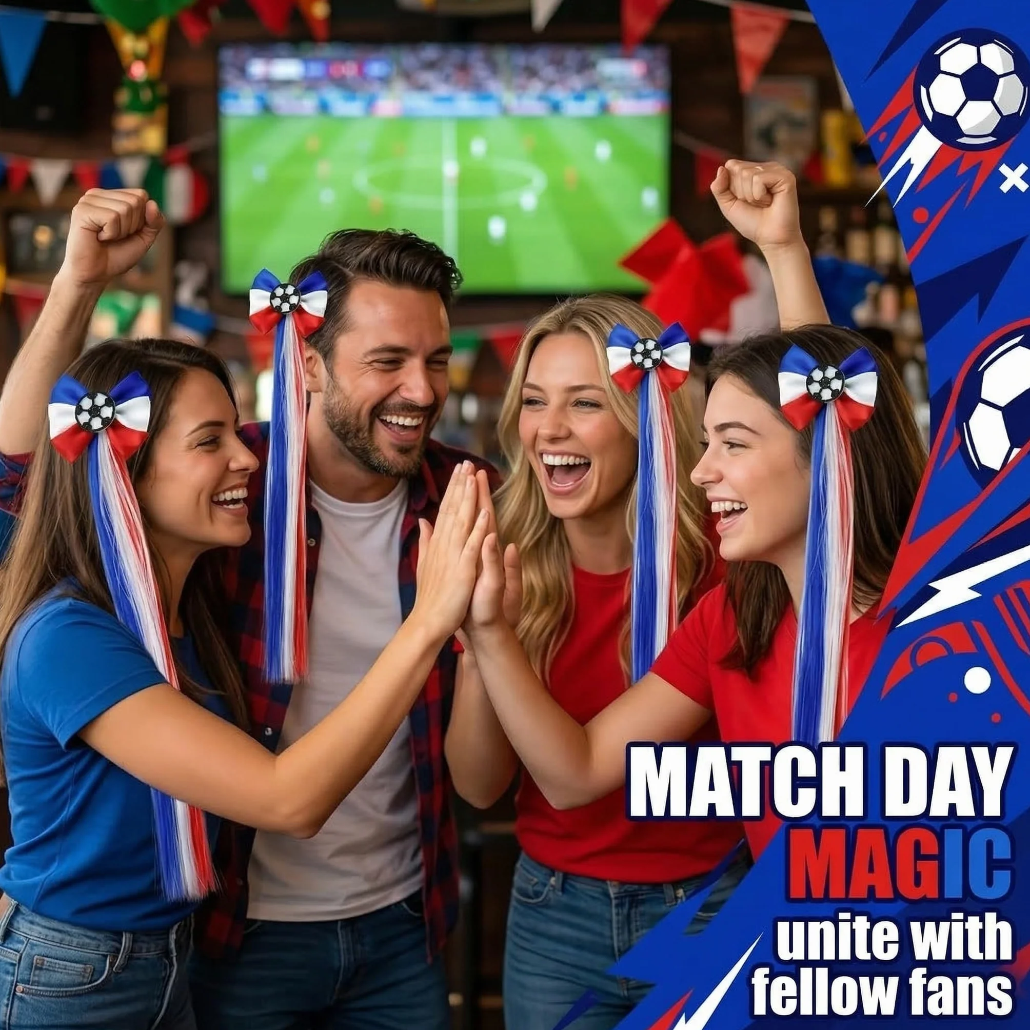 Accessoire Cheveux Fille Bleu Blanc Rouge Foot, Décoration Photo Supporters Football