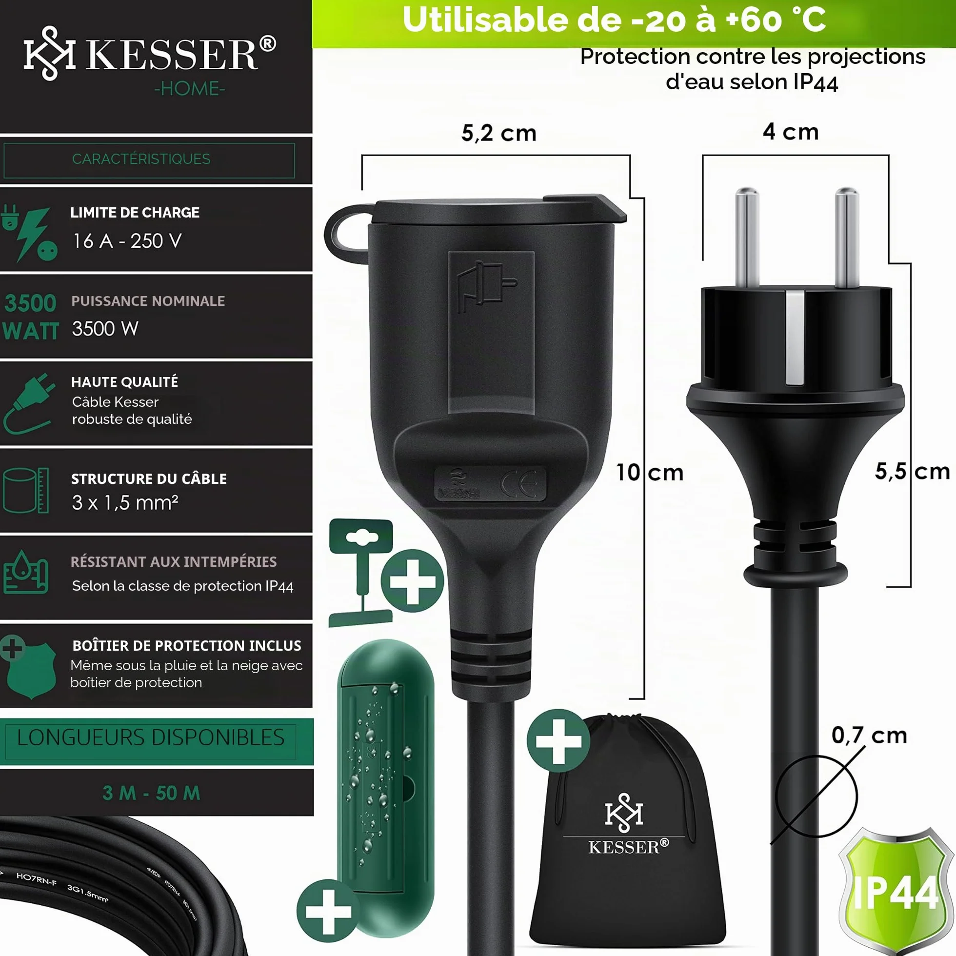KESSER Rallonge 3 Prises 250 V IP44 40m Noir Câble électrique extérieur
