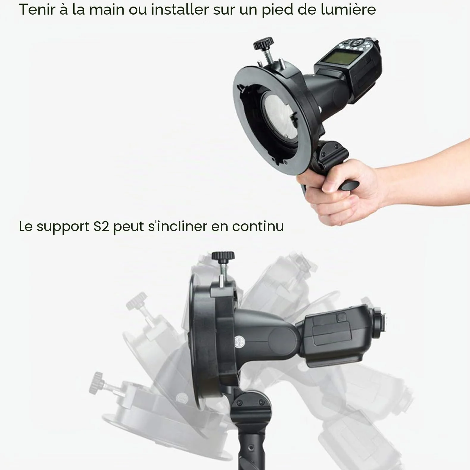 Godox S2 Bowens Support de Flash pour Godox AD200ProII AD400Pro AD300Pro AD300ProII, V1 V1Pro V100 Série, V860II, V860III, TT685II, TT350, TT600, Grande Poignée, Contrôle Précis de l'inclinaison